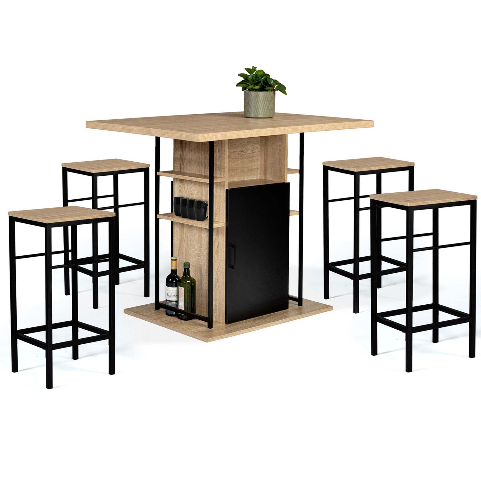 ID MARKET Ensemble ilot central 110 cm bois noir et imitation hêtre et 4 tabourets design industriel