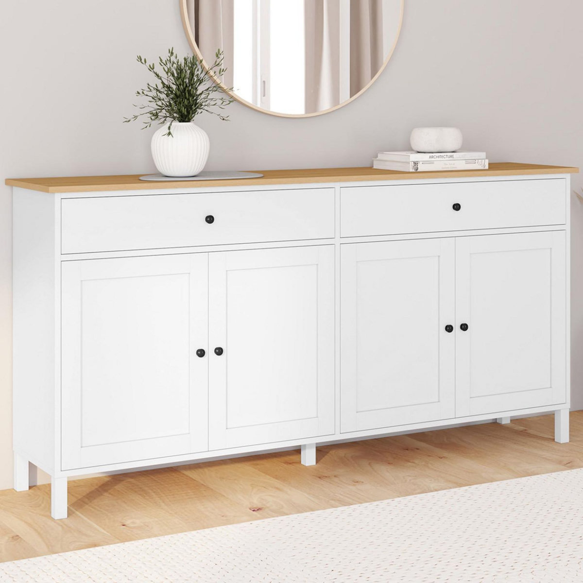 ID MARKET Buffet 160cm ACHILLE 4 portes et 2 tiroirs blanc et plateau bois