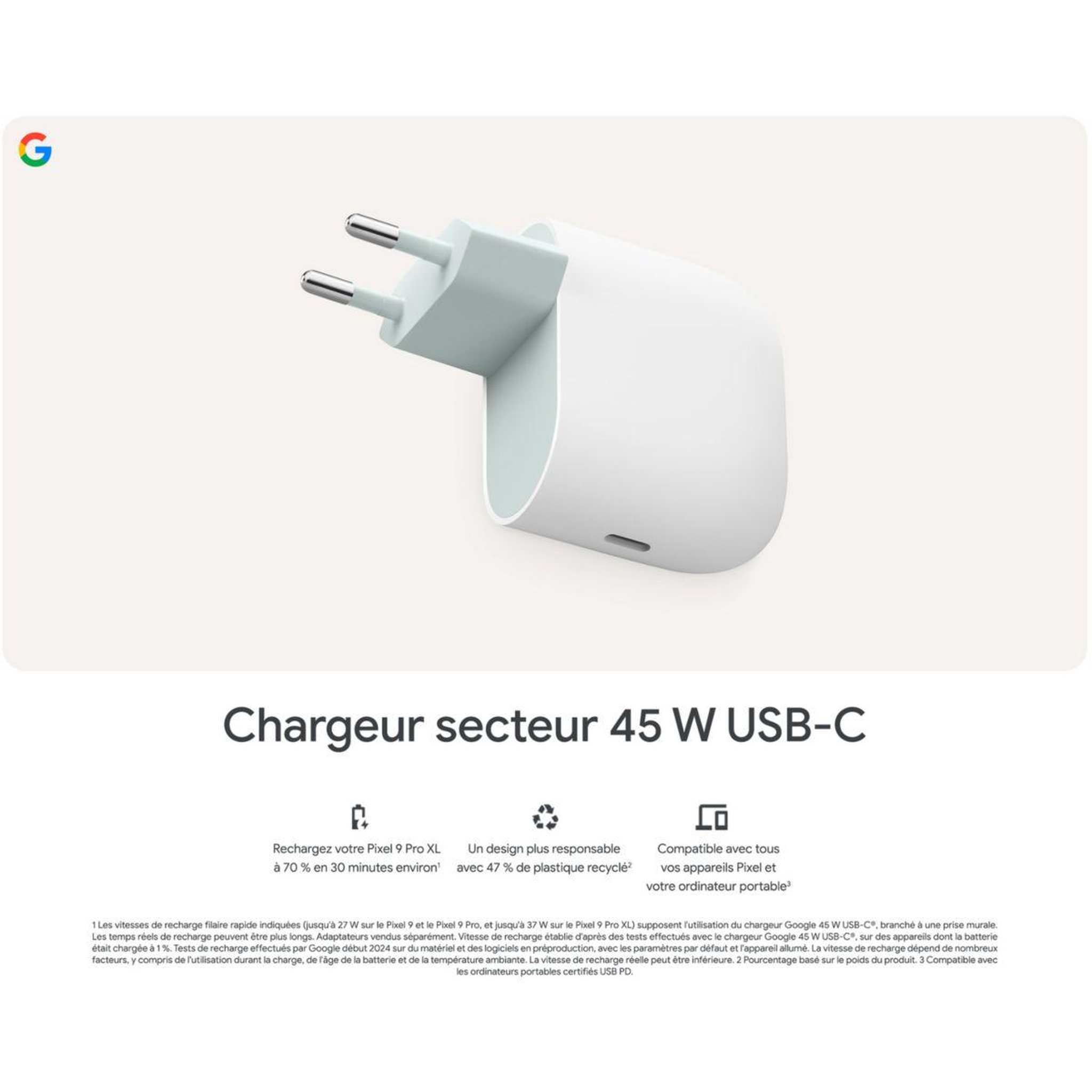 Voir la diapositive 2 : GOOGLE Chargeur usb-c 45w blanc