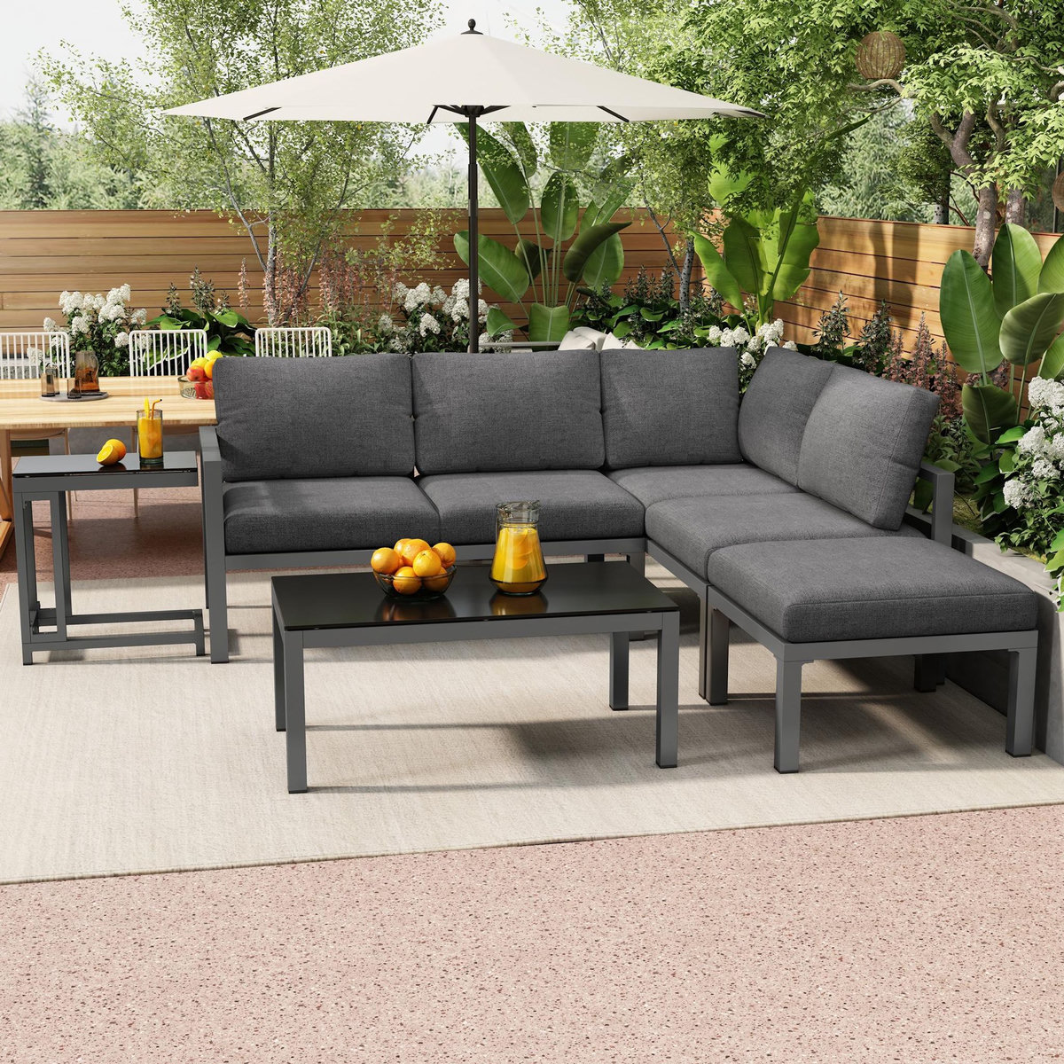 MERAX Salon de jardin angle 5 places en fer avec 2 tables basses, coussins, gris