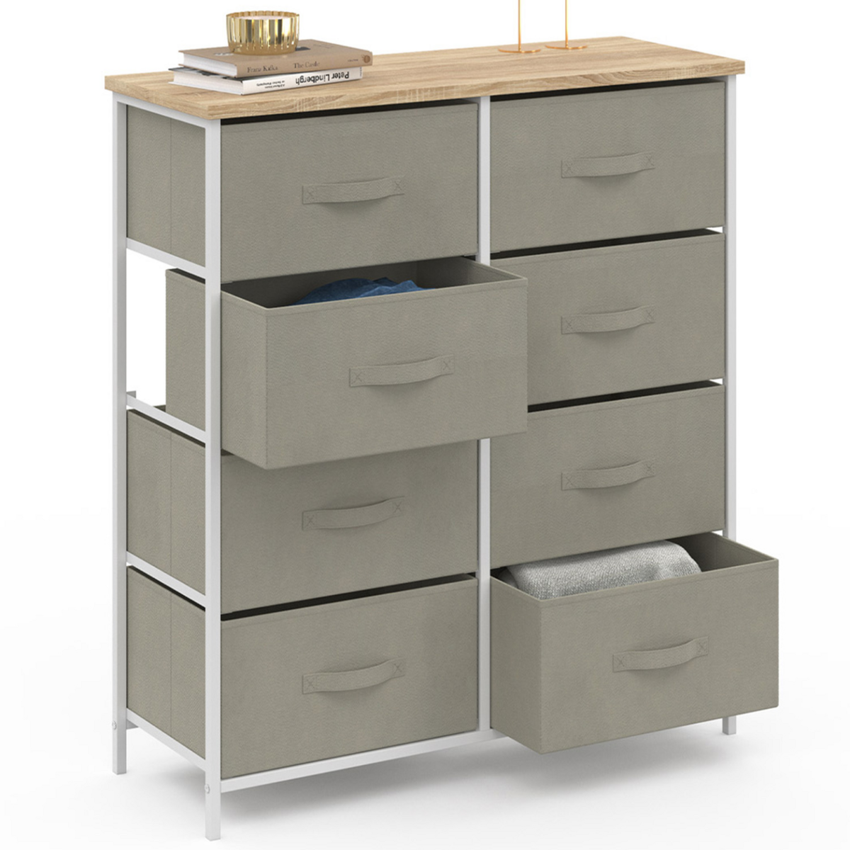 ID MARKET Commode 8 tiroirs en tissu ALTA 80 cm gris clair et plateau effet bois design industriel