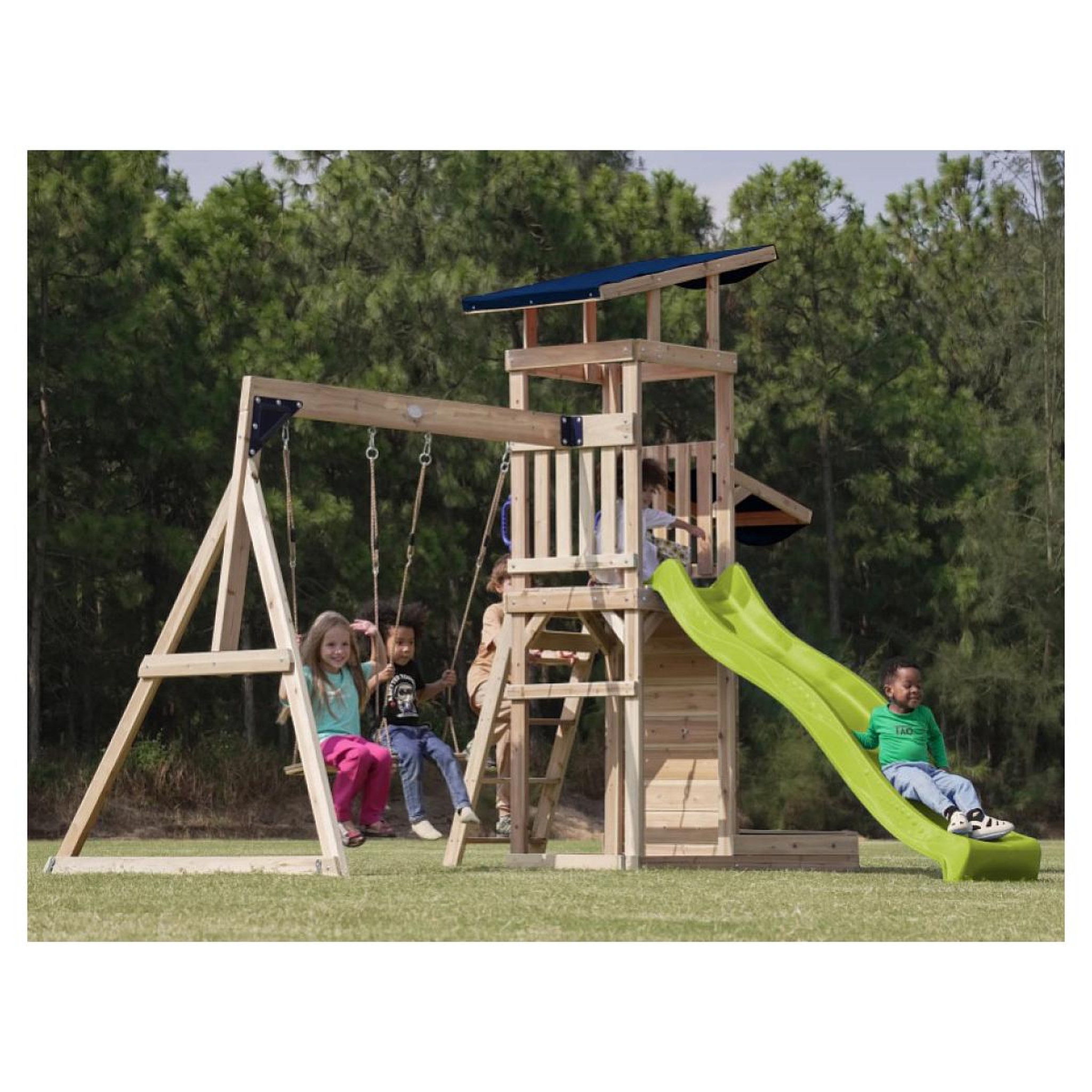 Voir la diapositive 3 : Axi House Portique Malik 2 balançoires + mur toboggan vert citron