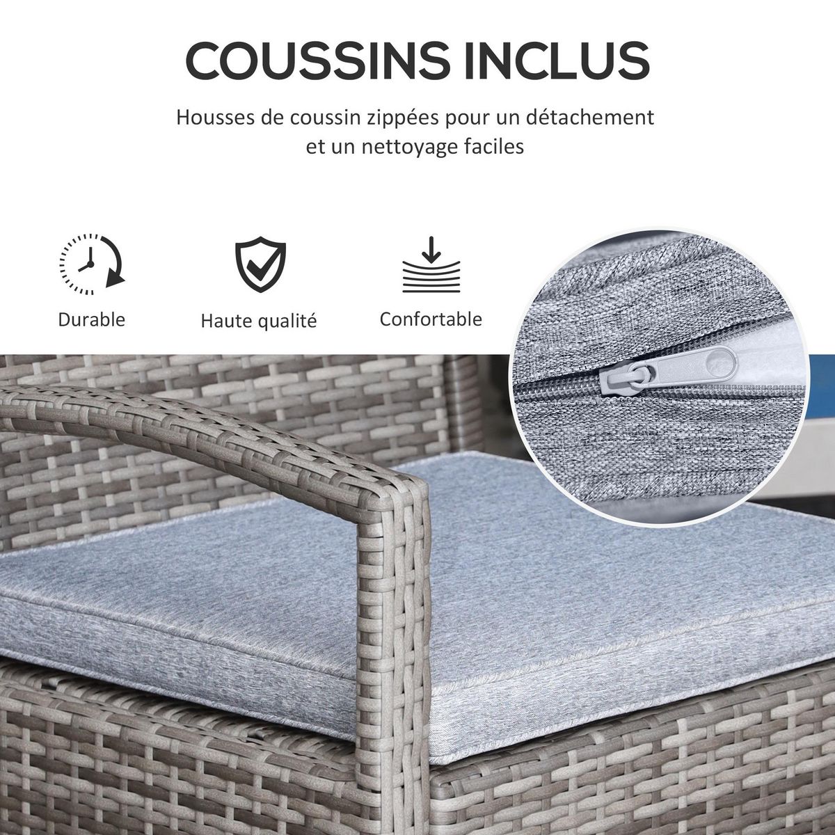 OUTSUNNY Ensemble salon de jardin 2 places 3 pièces résine tressée imitation rotin avec coussins gris