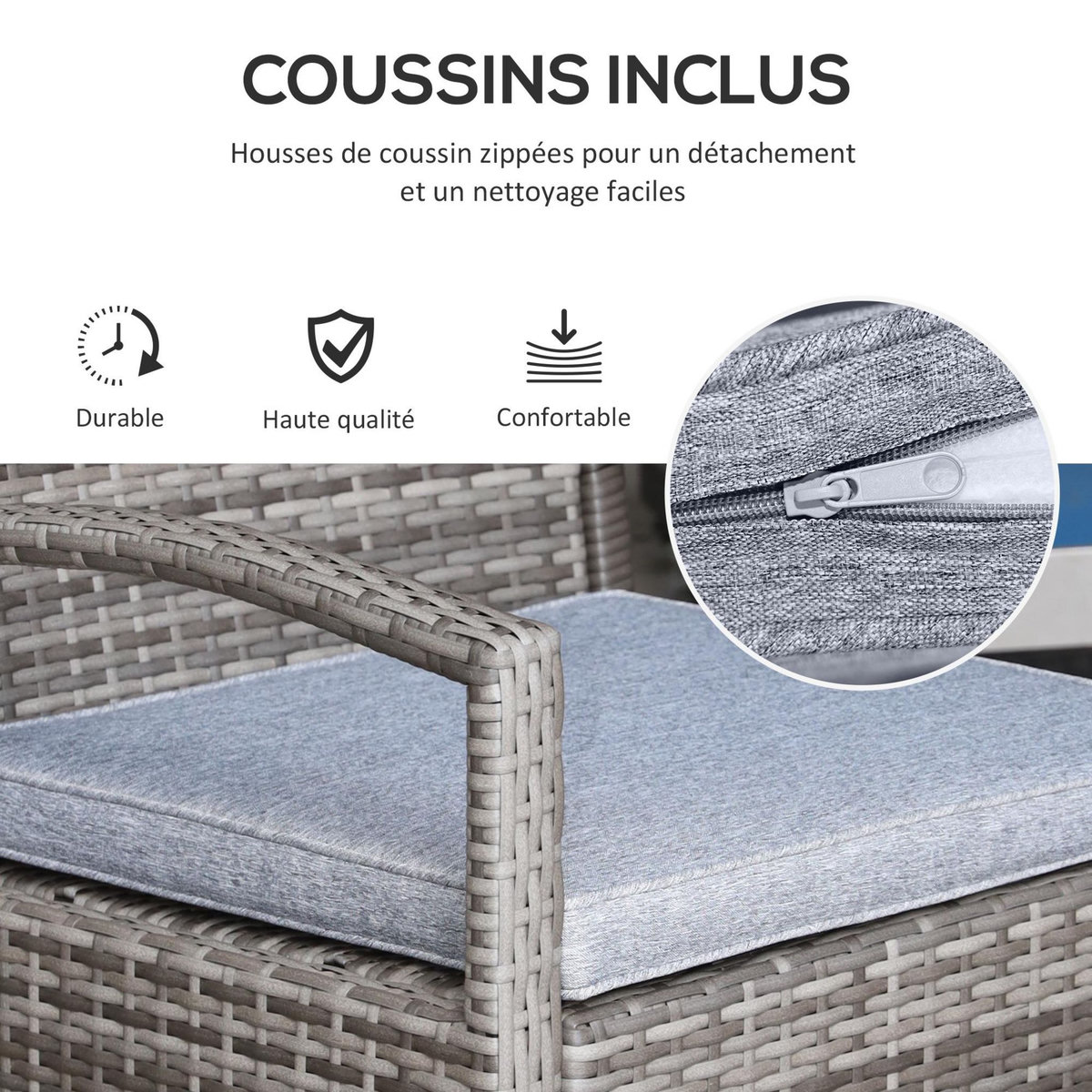OUTSUNNY Ensemble salon de jardin 2 places 3 pièces résine tressée imitation rotin avec coussins gris