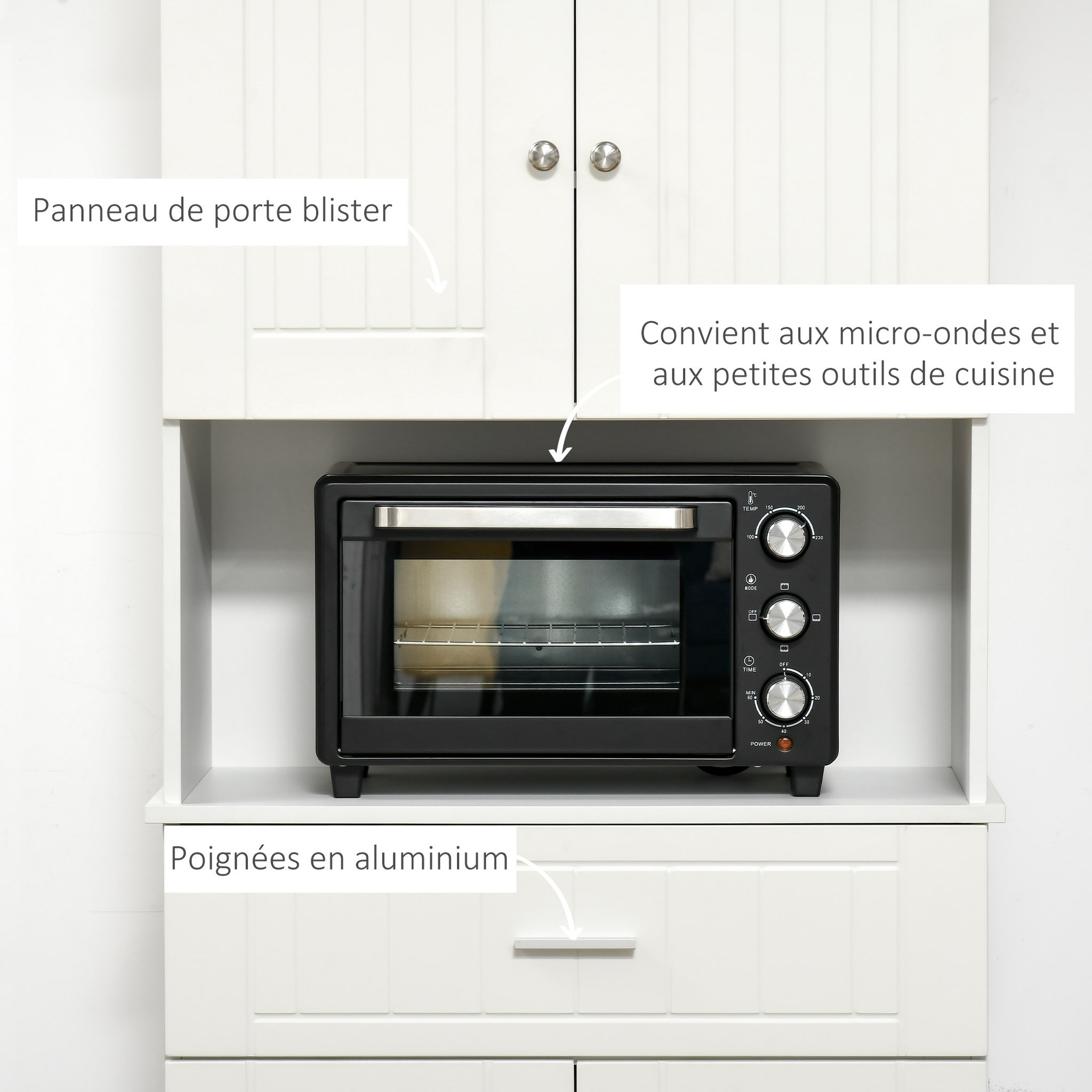 Voir la diapositive 6 : HOMCOM HOMCOM Armoire de cuisine contemporaine multi-rangement 4 portes tiroir coulissant et grand plateau dim. 74L x 39l x 183H cm panneaux particules MDF blanc