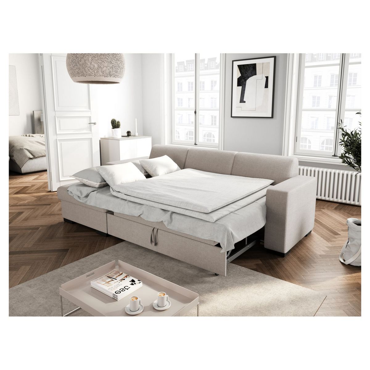 Canapé d'angle gauche convertible  4 places avec coffre tissu CARIBEA