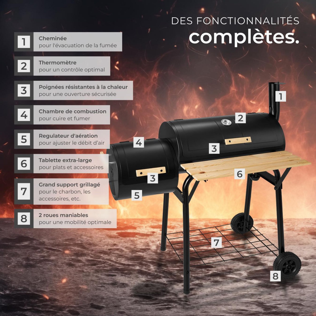 tectake Barbecue charbon 2 cuves avec thermomètre 3-en-1 pour grillades, fumage, cuisson, sur 2 roues noir