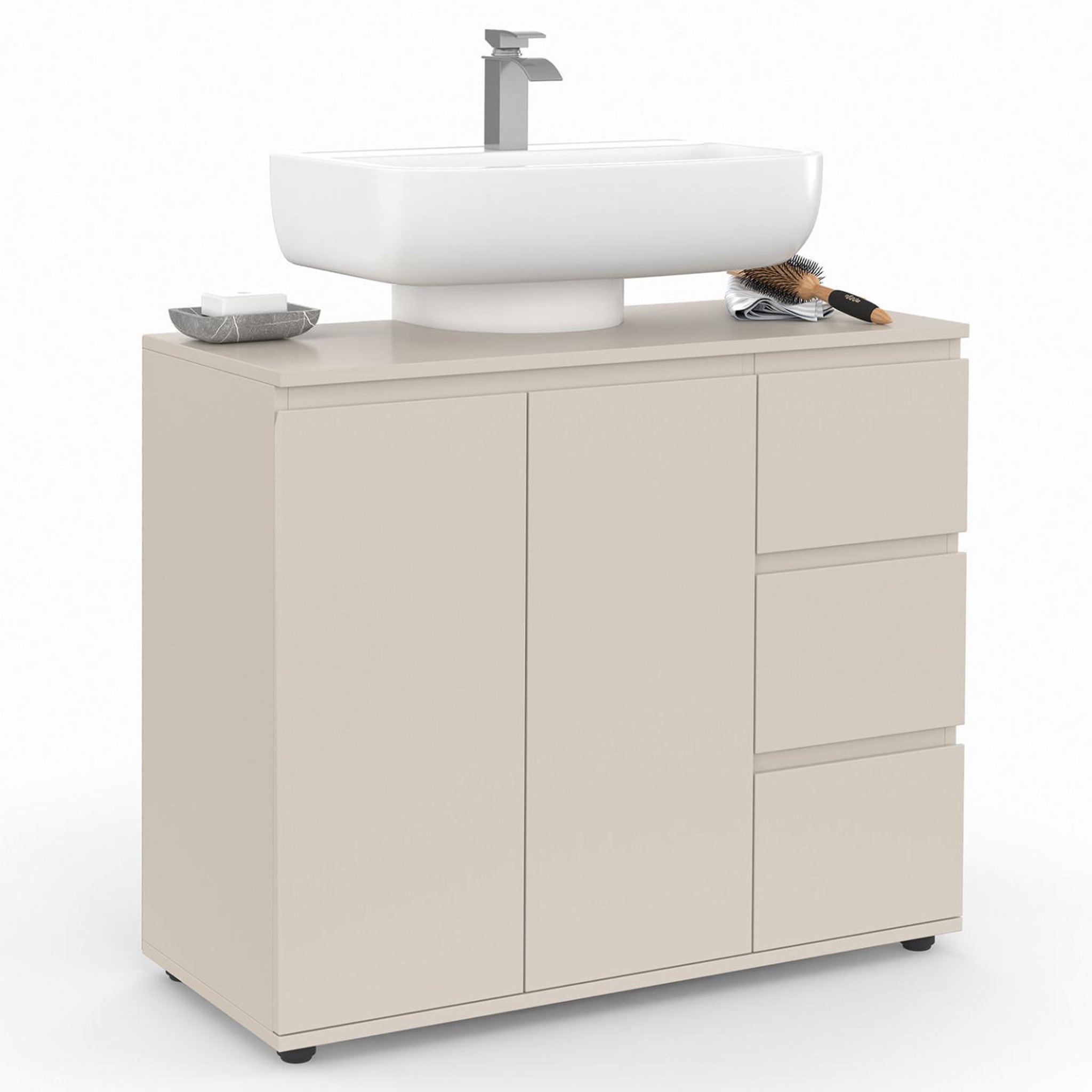 Voir la diapositive 2 : ID MARKET Meuble sous lavabo salle de bain tomi avec placard et 3 tiroirs beige
