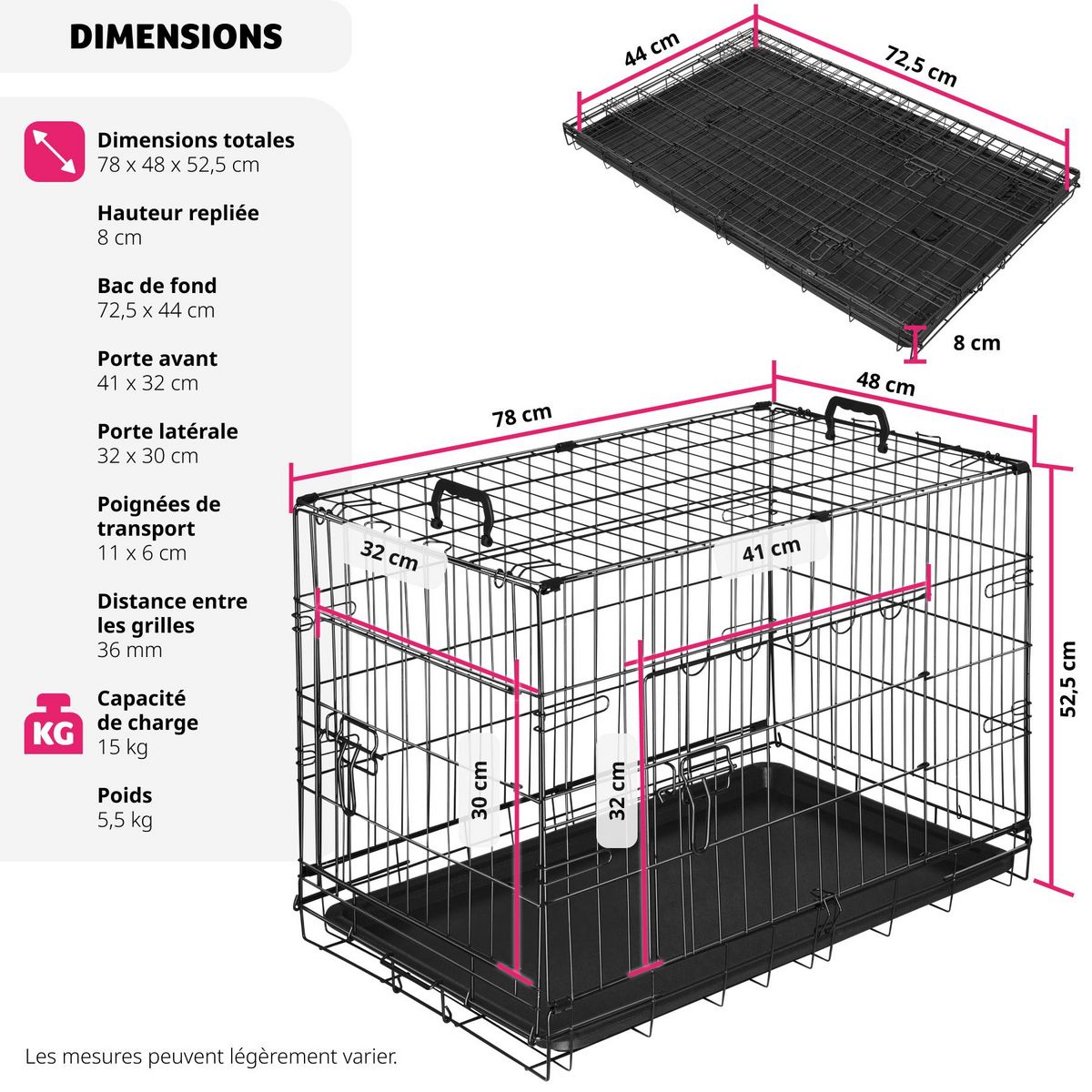 tectake Caisse grillagée pour chien pliable avec 2 poignées de transport noir