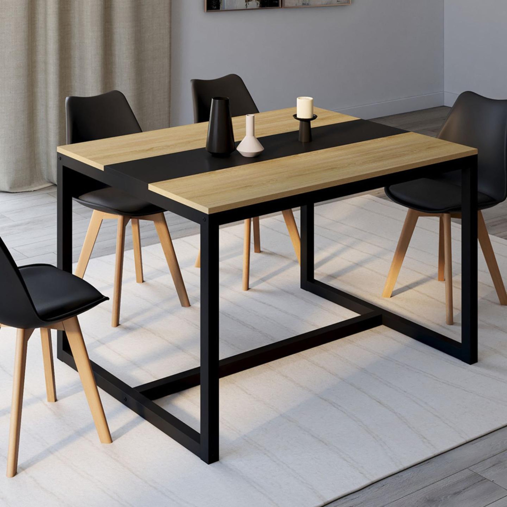 Voir la diapositive 2 : ID MARKET Table à manger rectangle dover 6 personnes bande centrale noire design industriel 120 cm