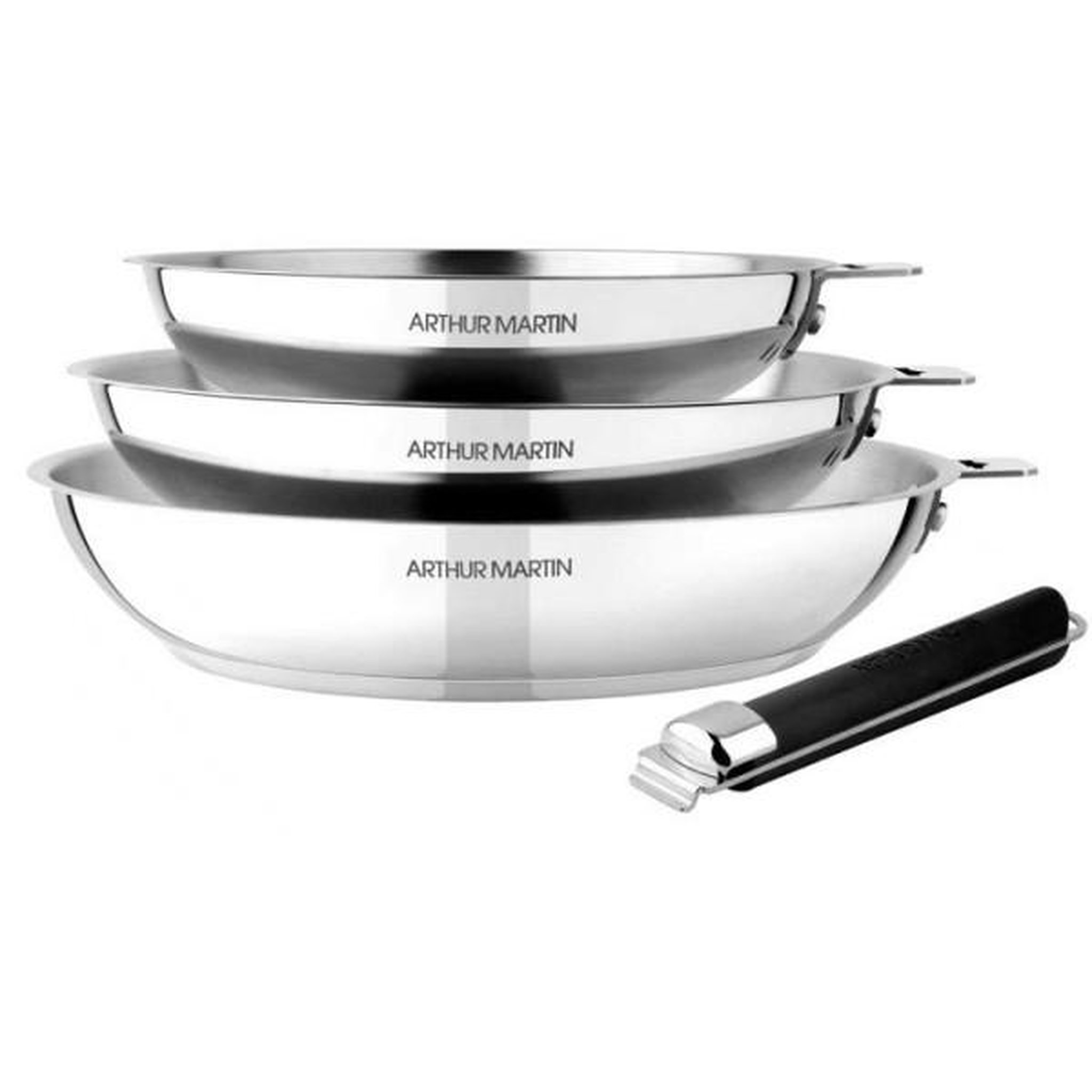 Arthur Martin Set de 3 poeles - ARTHUR MARTIN - 20-24-28 cm – Acier Inoxydable - Tous feux dont induction – poignée amovible
