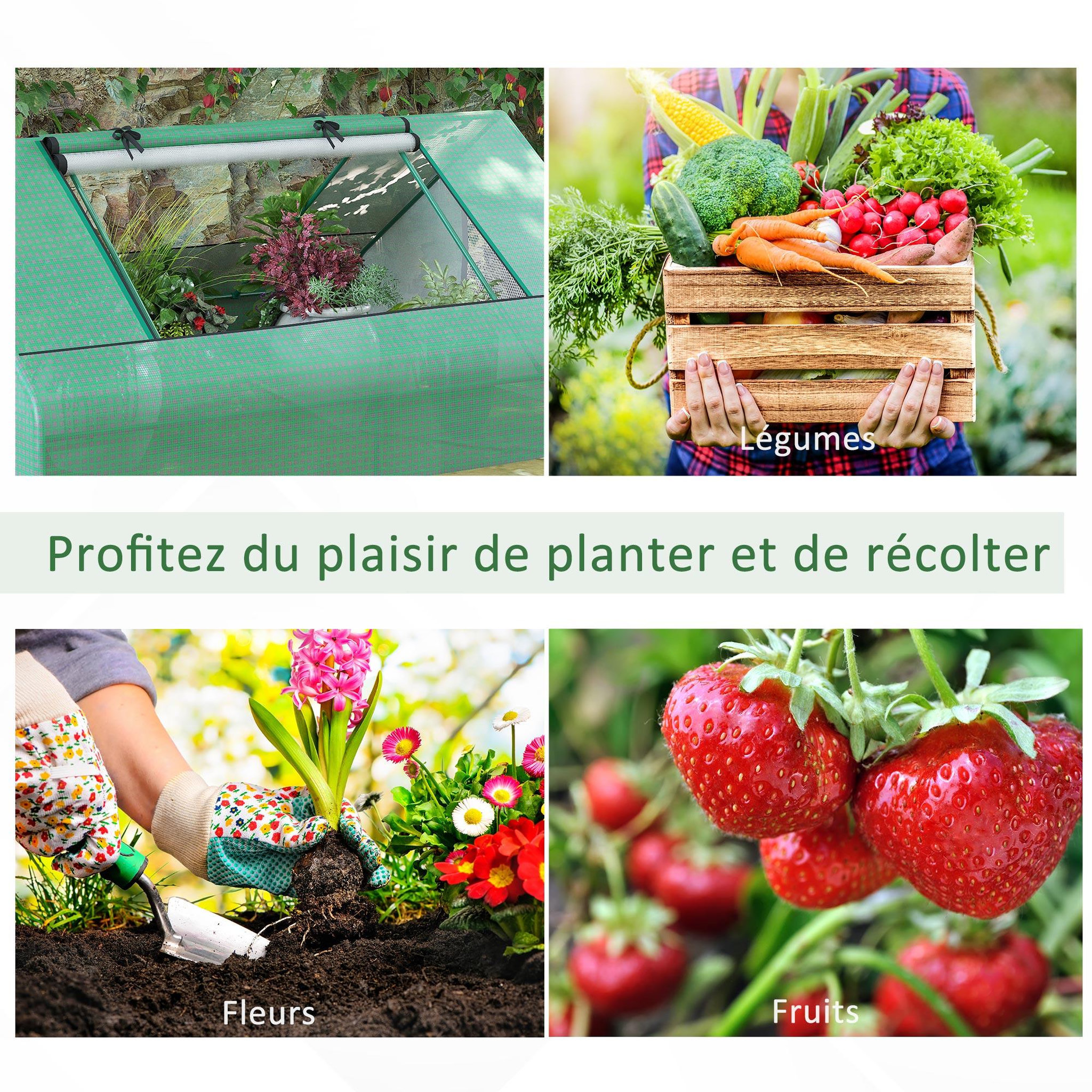 Voir la diapositive 6 : OUTSUNNY Mini serre de jardin 180 x 140 x 80 cm toit 2 pans 2 fenêtres acier PE haute densité 140 g/m² vert