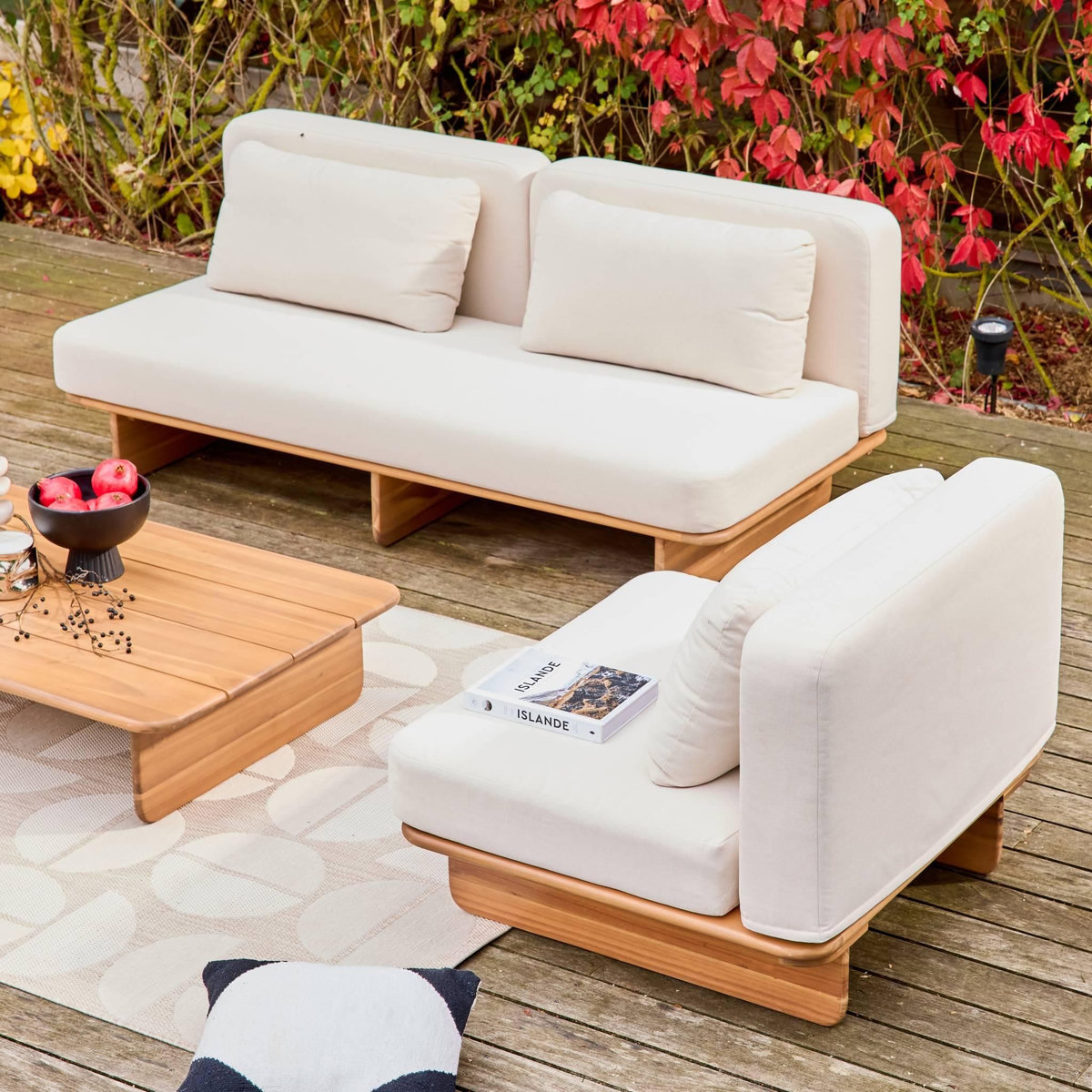 SWEEEK Salon de jardin bois d'acacia et tissu beige 4 places - Armonia