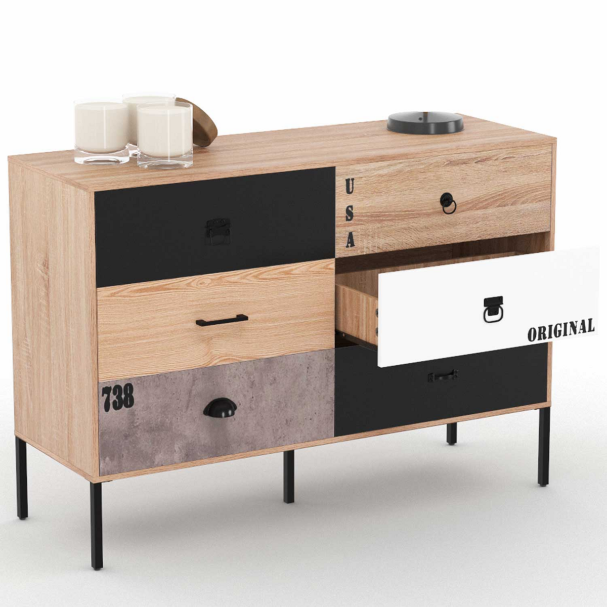 ID MARKET Commode 6 tiroirs SACRAMENTO 115 cm design industriel dépareillé