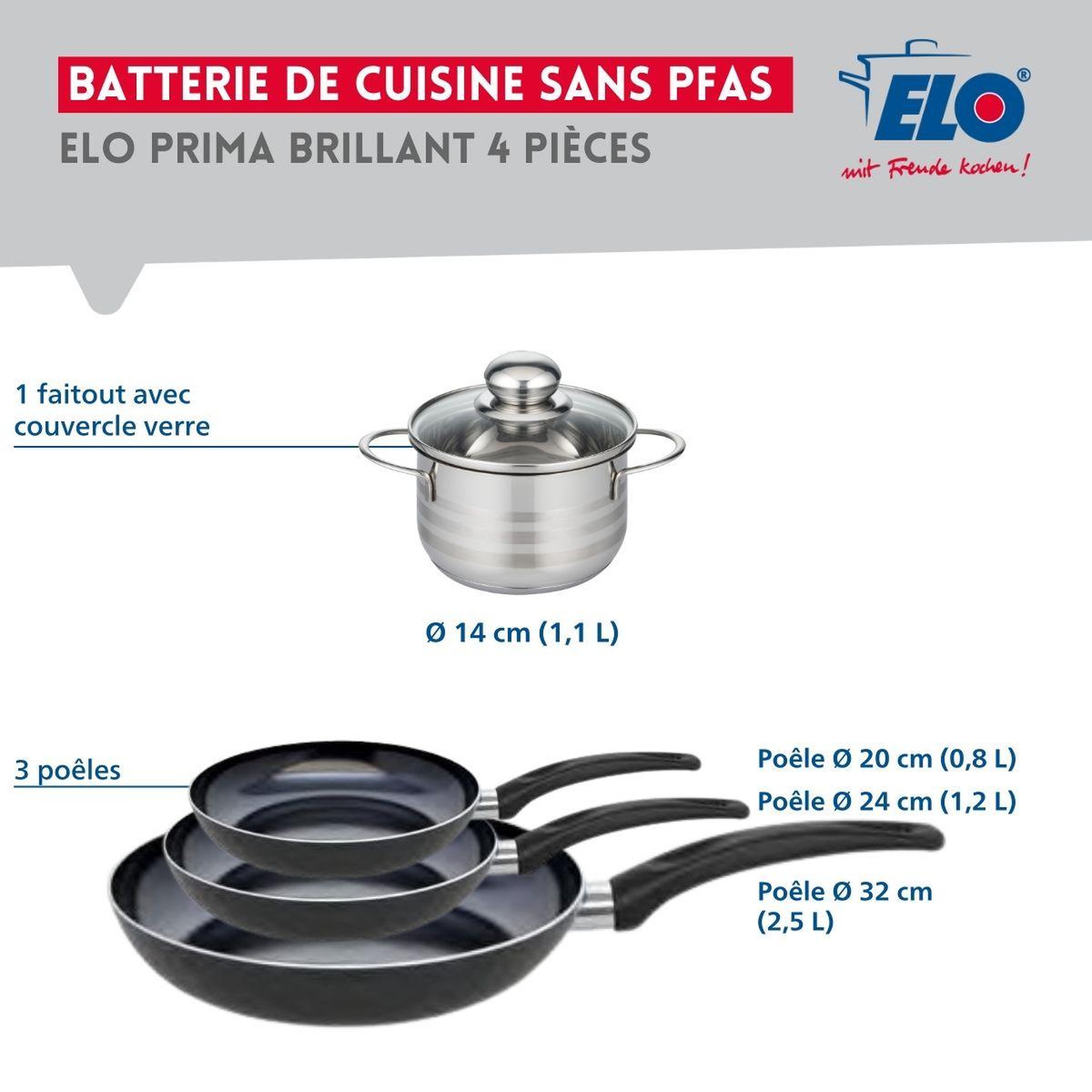 Voir la diapositive 2 : ELO Ensemble de 3 poêles de cuisson 20, 24 et 32 cm et 1 faitout 14 cm elo prima brillant