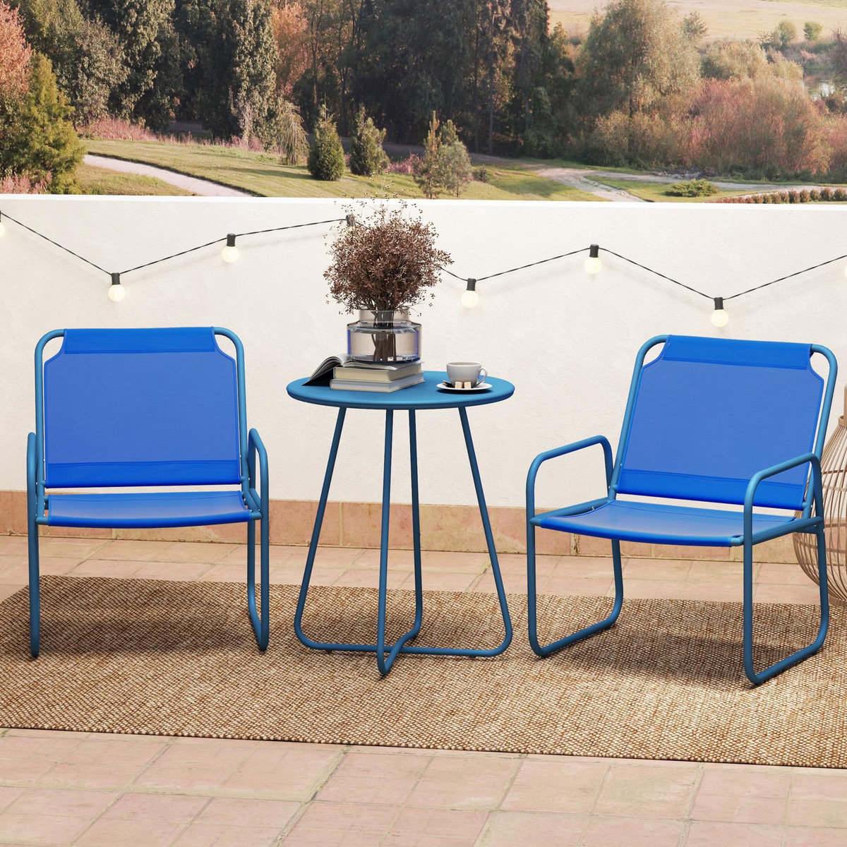 OUTSUNNY Ensemble salon de jardin 3 pcs 2 fauteuils et table ronde bleu