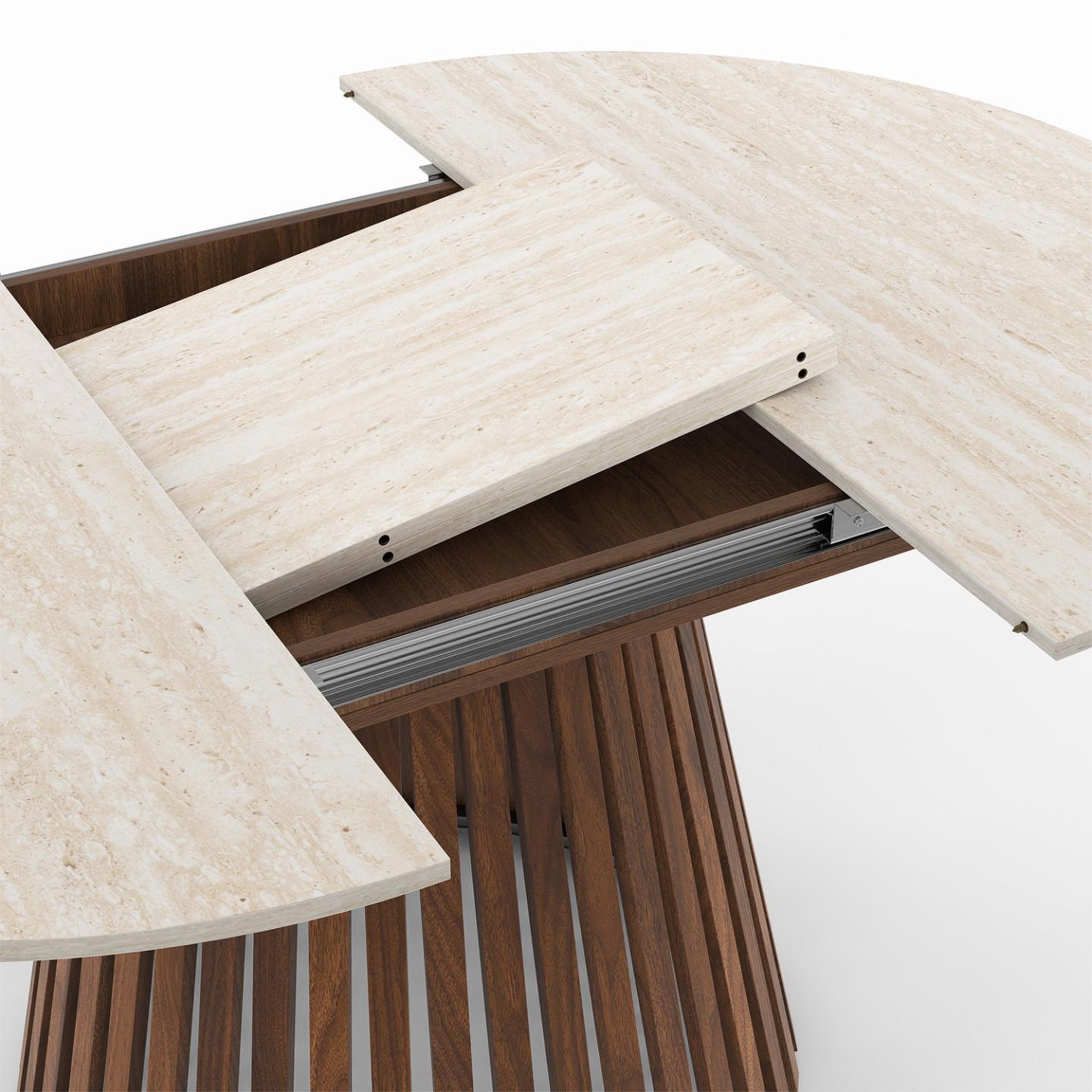 Voir la diapositive 6 : ID MARKET Table à manger extensible ronde carmen 4-8 personnes pied noyer en lattes et plateau effet travertin 110 - 150 cm