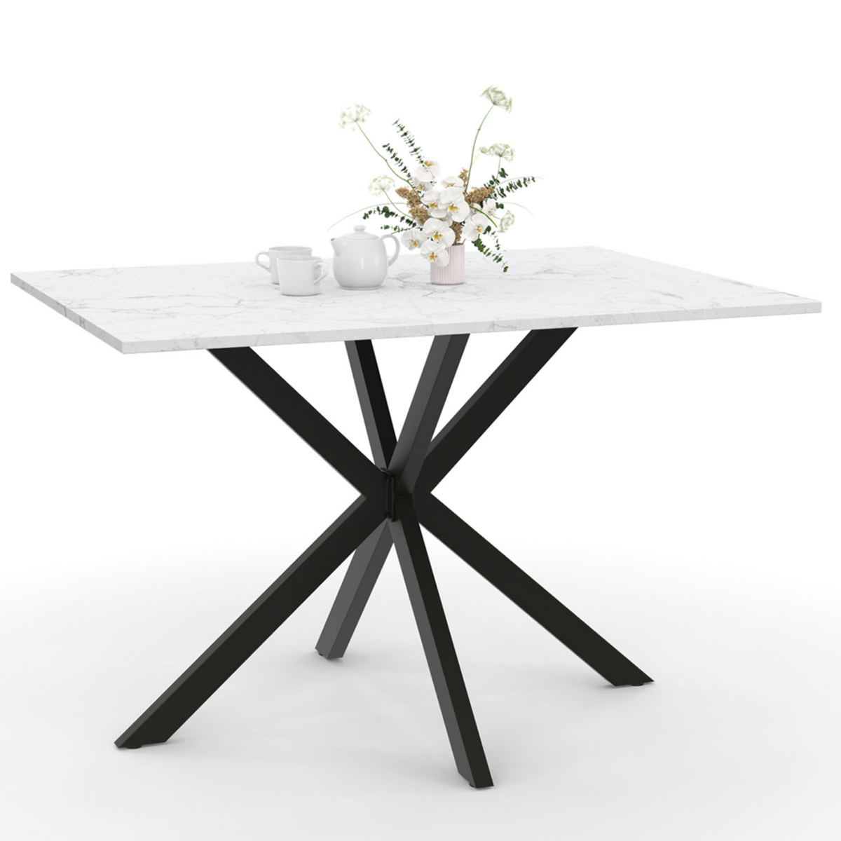ID MARKET Table à manger rectangle ALIX 6 personnes pied araignée noir et plateau effet marbre blanc ALASKA 110 cm