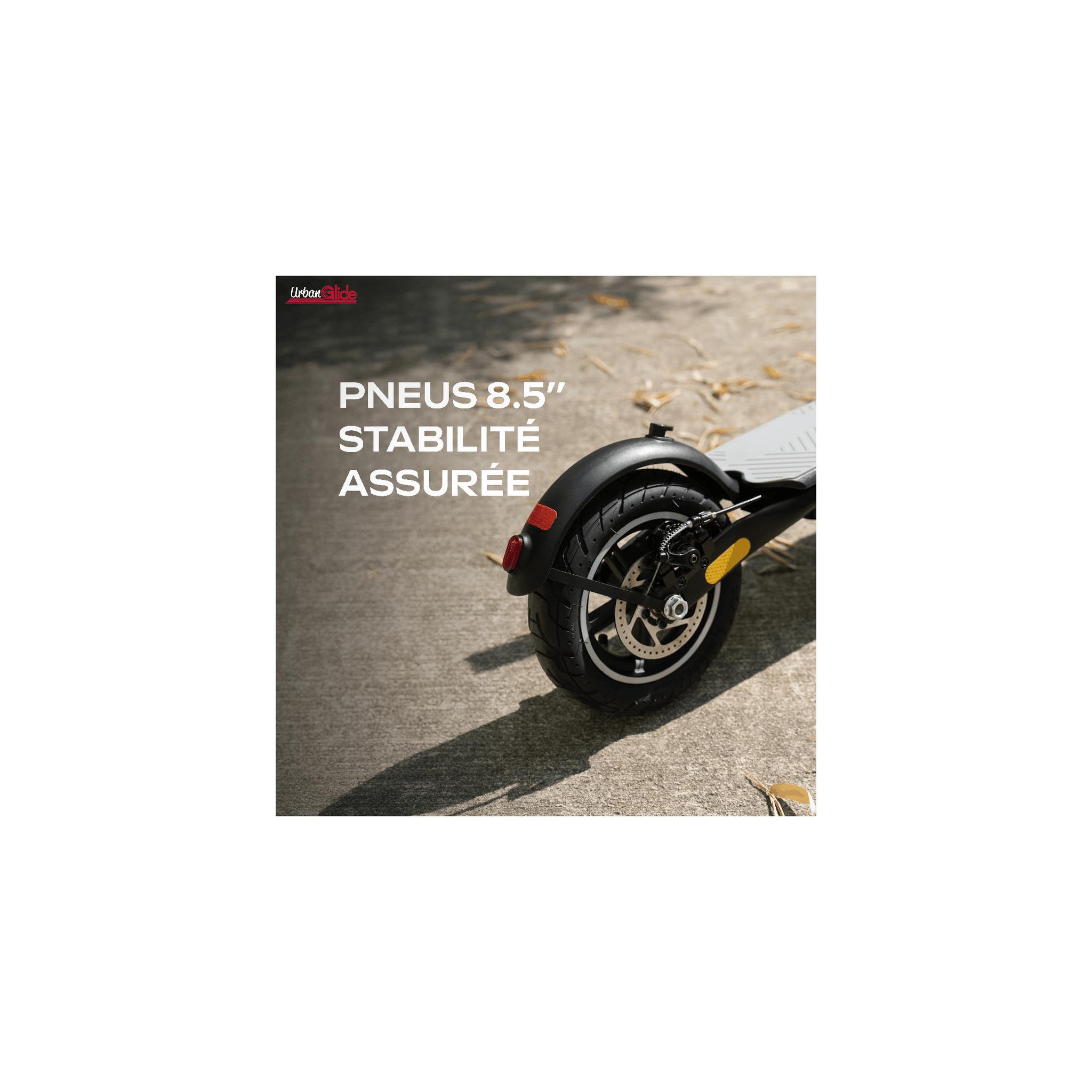 Voir la diapositive 6 : URBANGLIDE Trottinette Électrique Adulte URBANGLIDE 85 EVO, Autonomie 20 Km, Vitesse Max 25 Km/h, Pliable, Suspension Avant Double, Frein à Disque Arrière, Pneus 8,5
