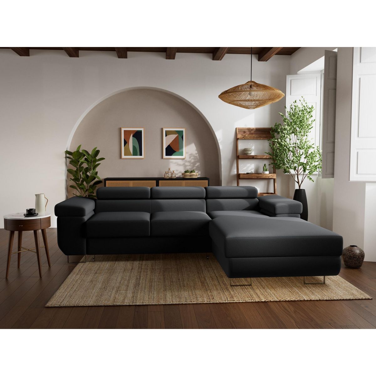 BEST MOBILIER Pablo - canapé d'angle droit - 6 places - convertible avec coffre et têtières réglables - en velours