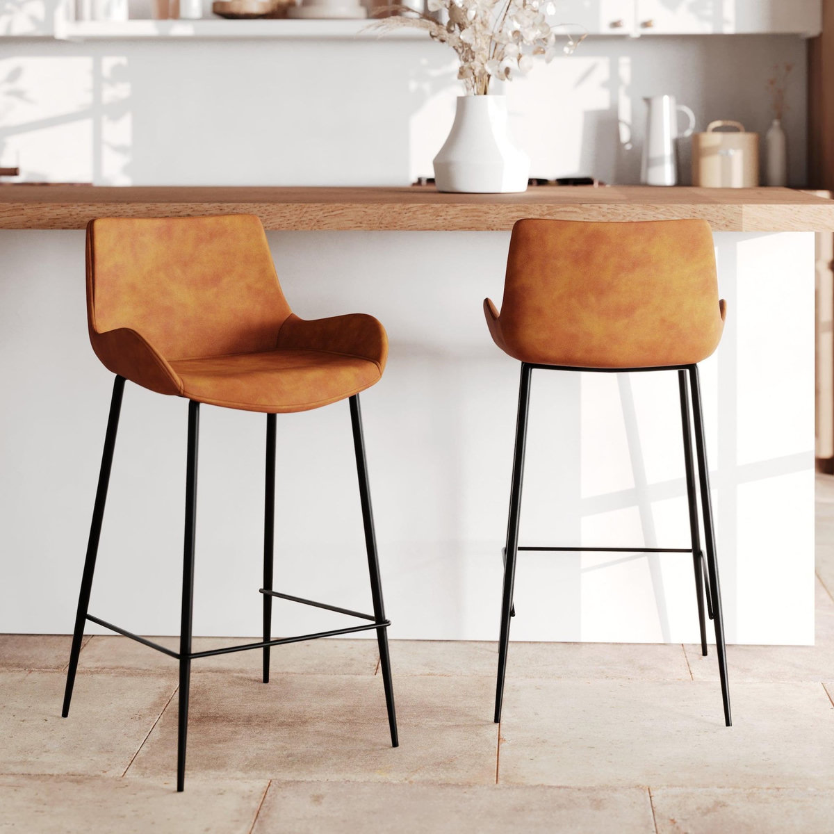 Rendez vous déco Lot de 2 chaises pour îlot central 65 cm en cuir synthétique camel-Pirata