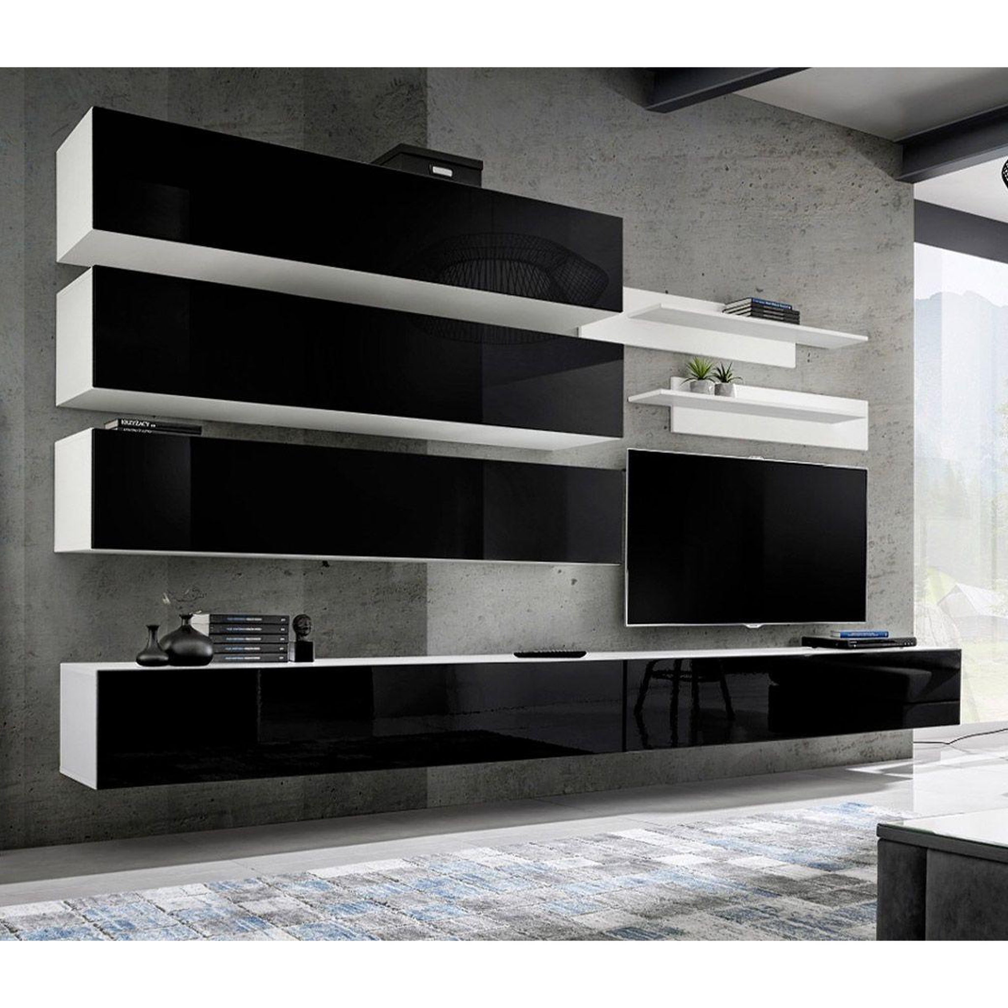 Voir la diapositive 1 : Paris Prix Ensemble meuble tv mural  fly j1  320cm noir & blanc