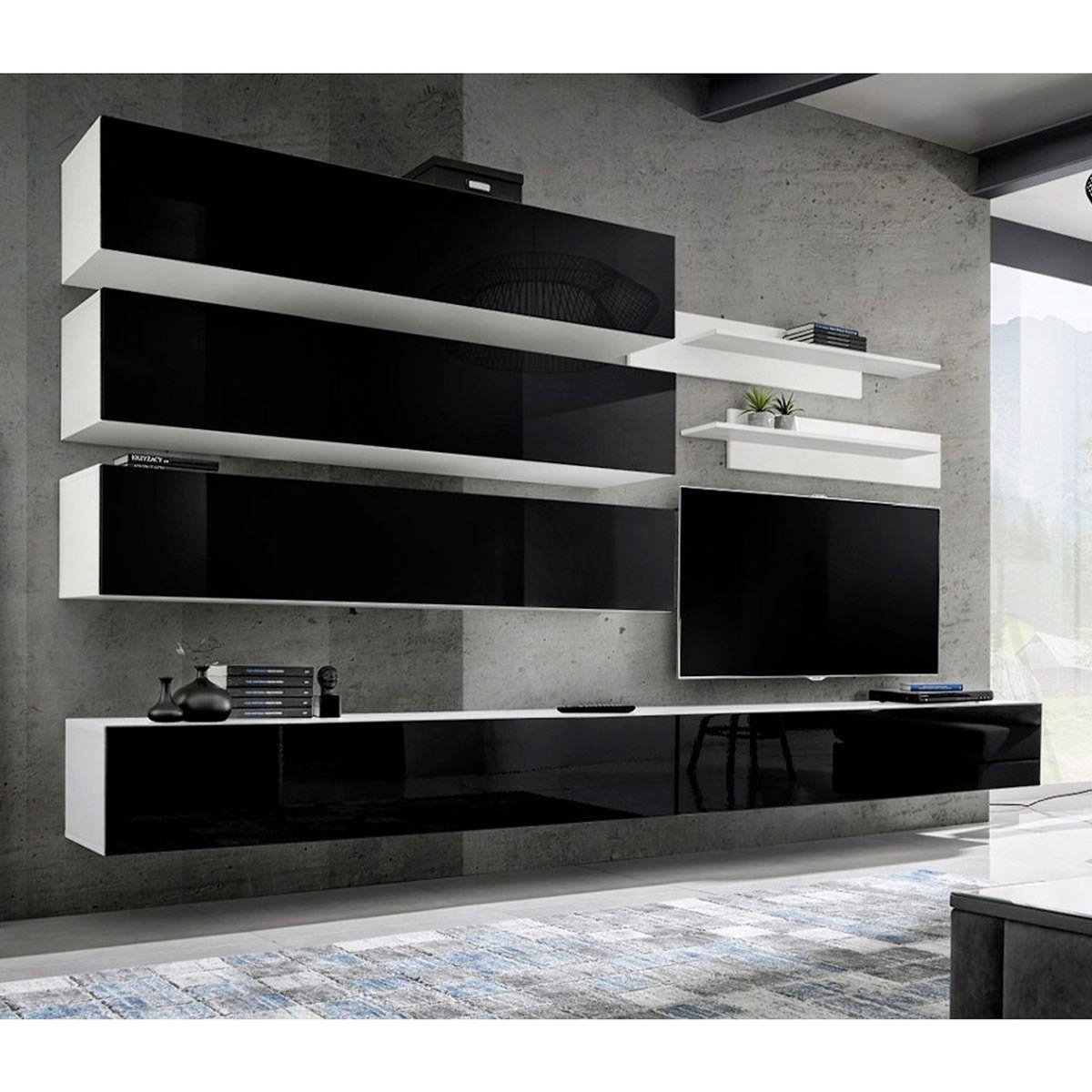 Paris Prix Ensemble Meuble TV Mural  Fly J1  320cm Noir & Blanc