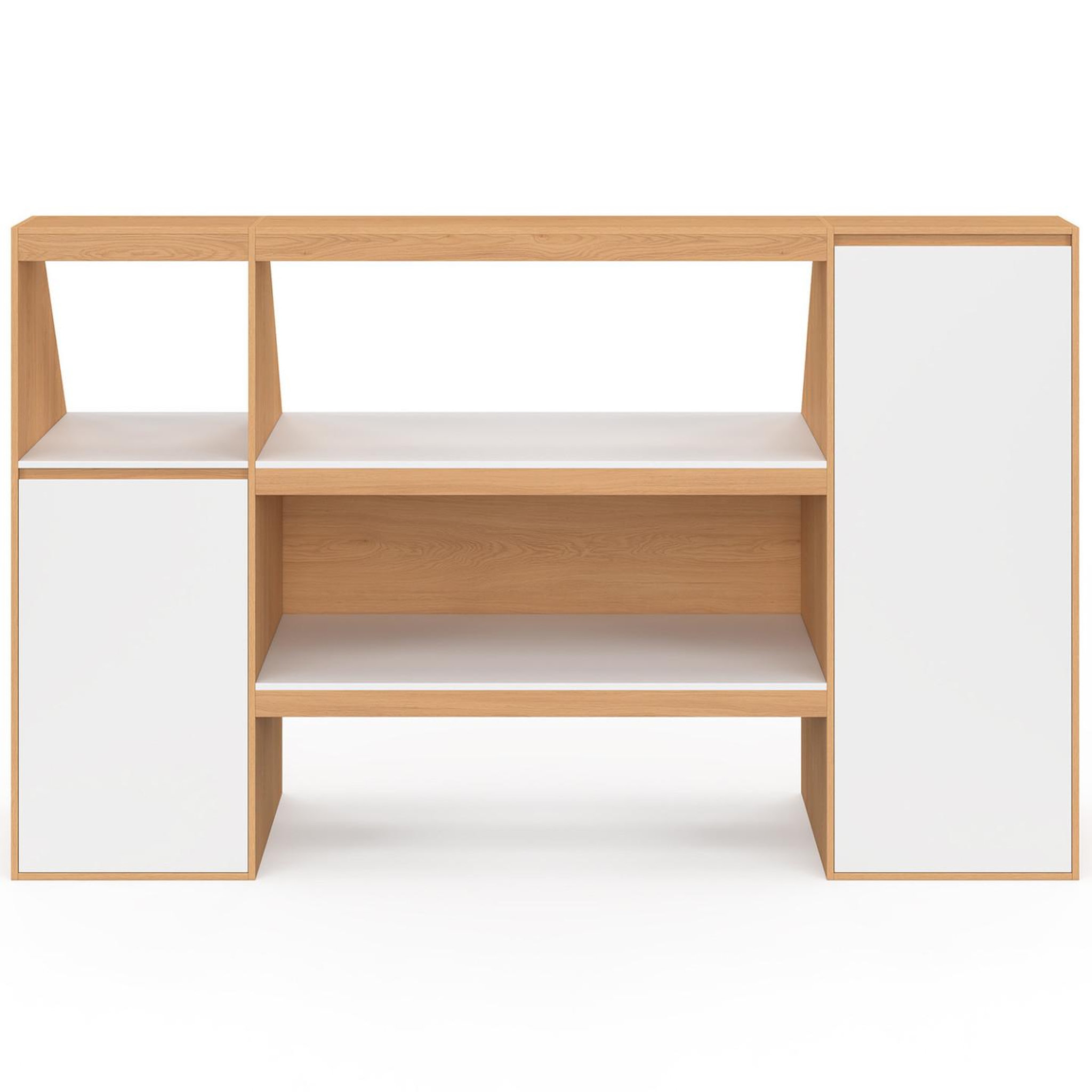 Voir la diapositive 3 : ID MARKET Ensemble étagère 2 niveaux, armoire 1 porte et armoire 1 porte + 1 niche sous pente tomi hêtre et blanc