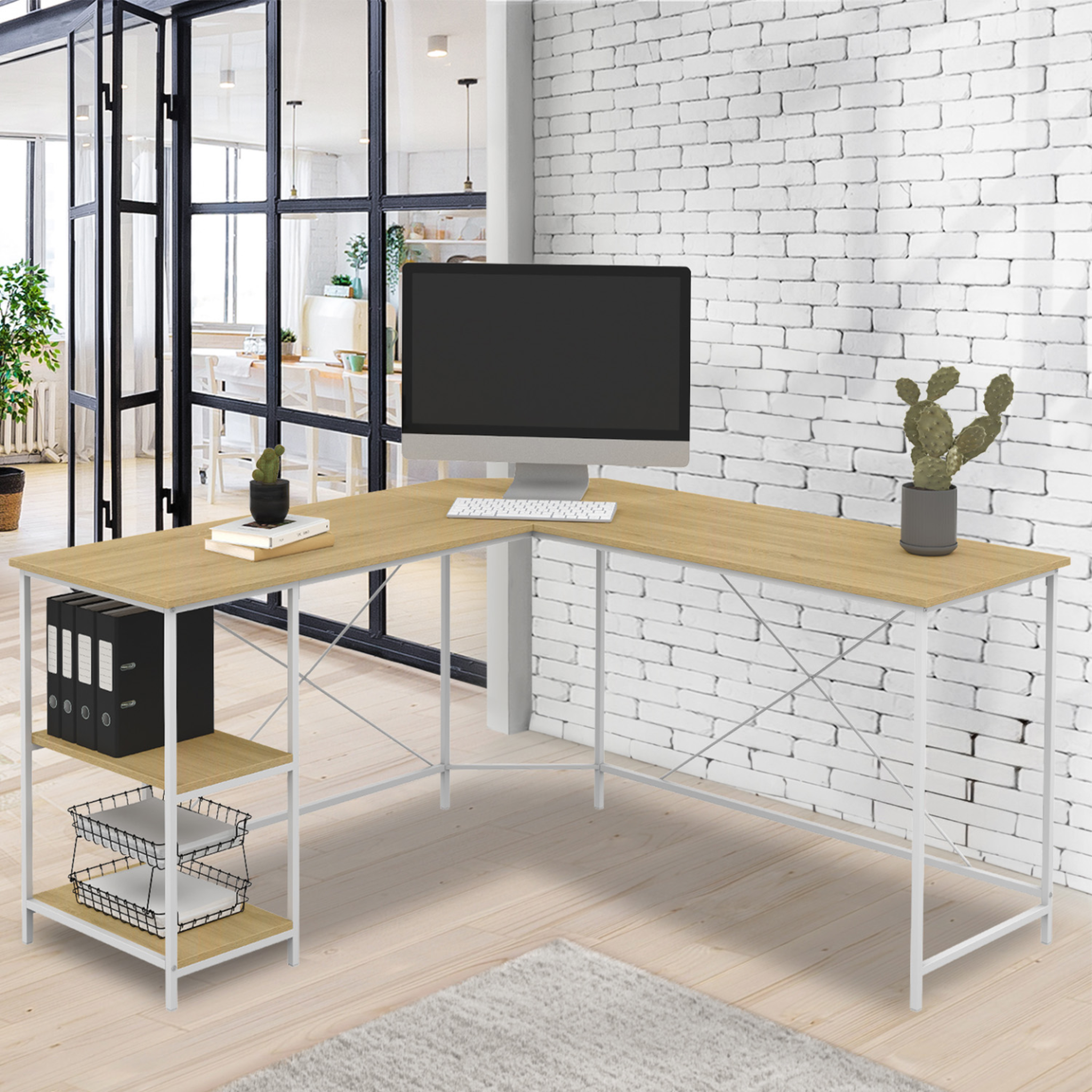 Voir la diapositive 2 : ID MARKET Bureau d'angle en forme de l detroit design industriel bois et métal blanc