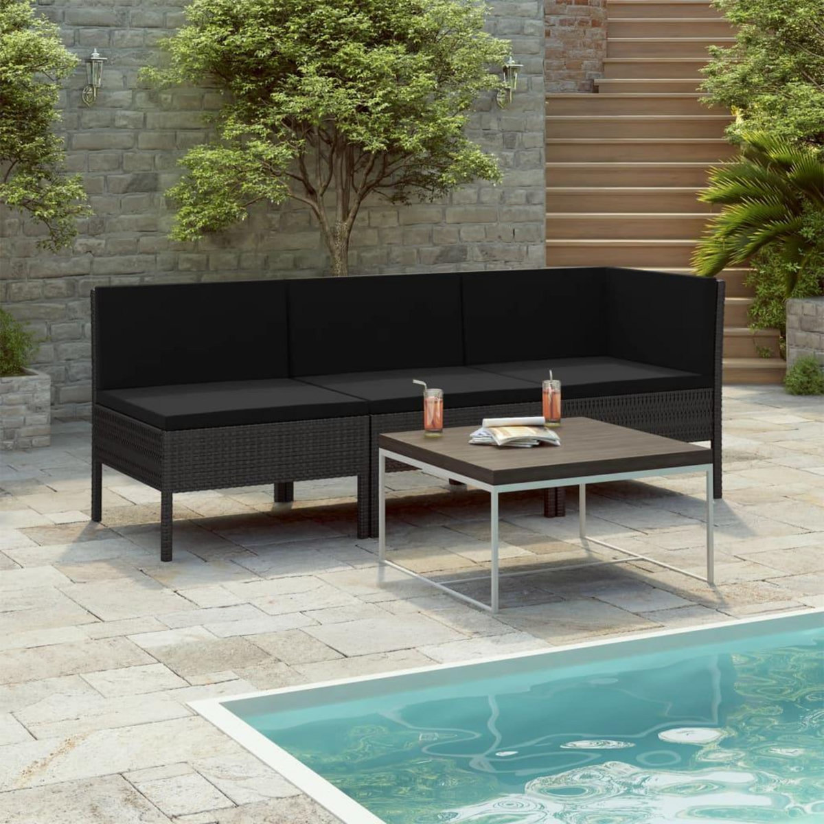 VIDAXL Salon de jardin 3 pcs avec coussins Resine tressee Noir