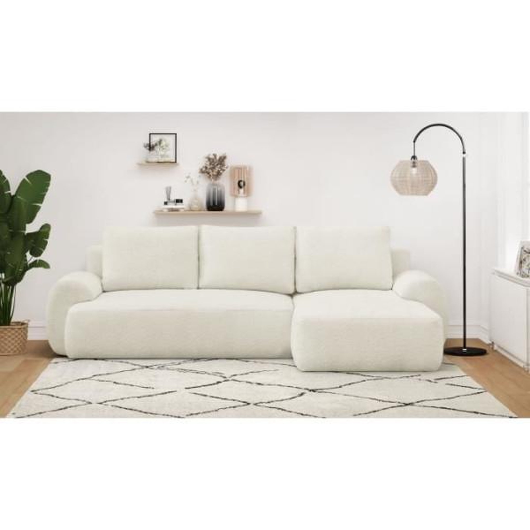 Voir la diapositive 2 : MARKET24 Canapé d'angle droit convertible 4/5 places MILO - Tissu bouclette beige clair - Coffre de rangement - L 264 x H 84 x P 99/145