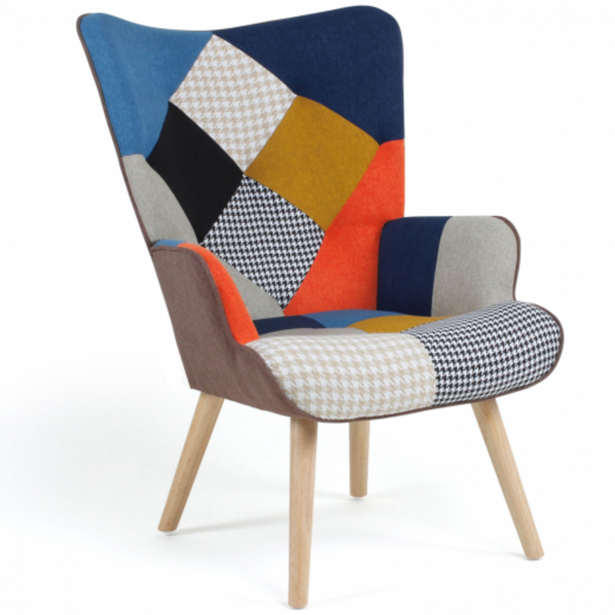 ID MARKET Fauteuil scandinave IVAR en tissu patchwork multicouleurs et imprimé pied de poule