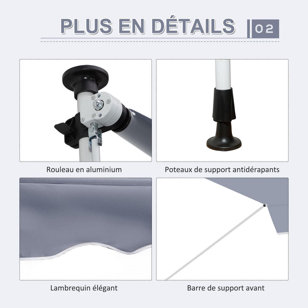 OUTSUNNY Store banne manuel rétractable 4L x 1,2l m inclinaison et hauteur réglable installation rapide métal alu polyester anti-UV gris