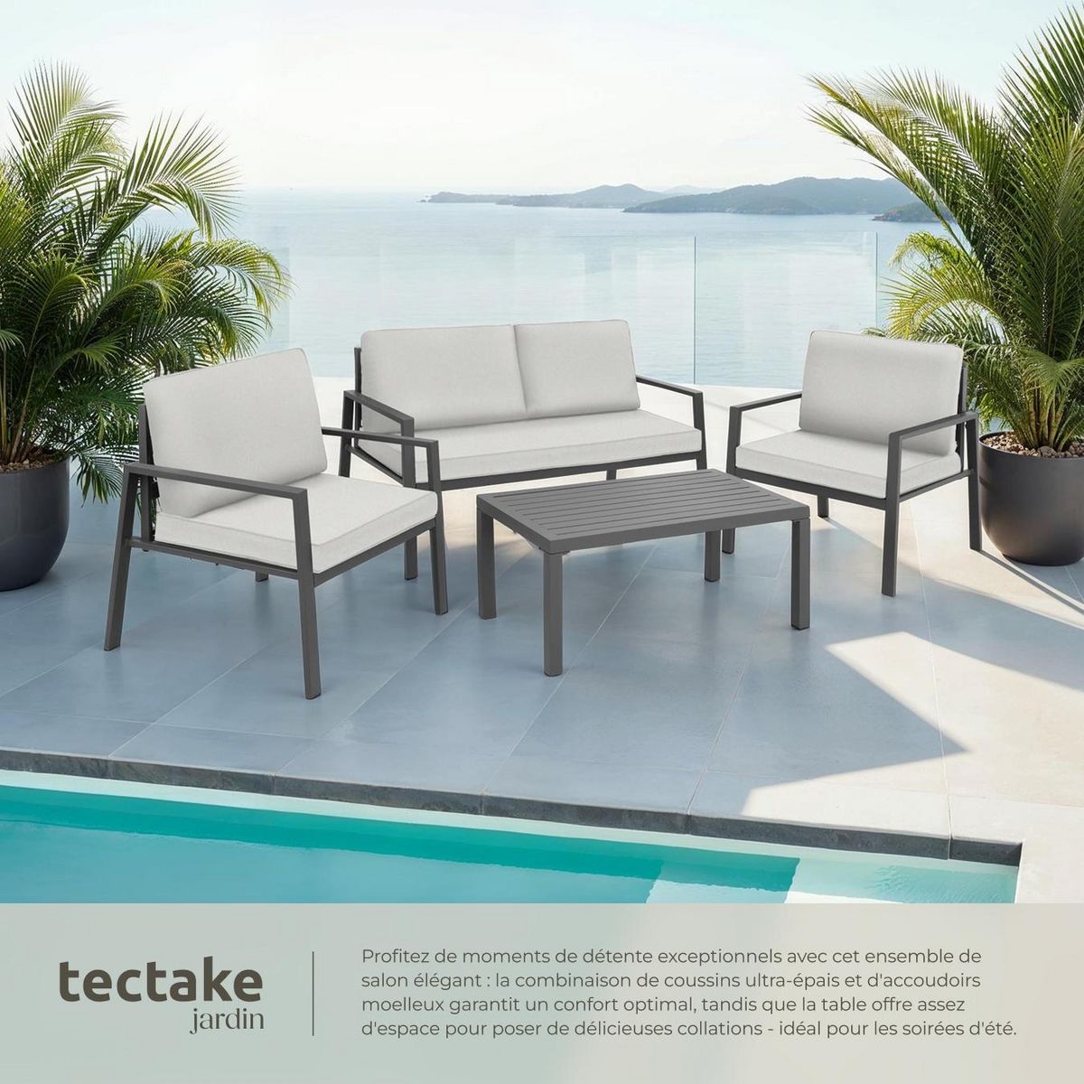 tectake Salon de jardin avec cadre en aluminium, pour 4 personnes gris clair