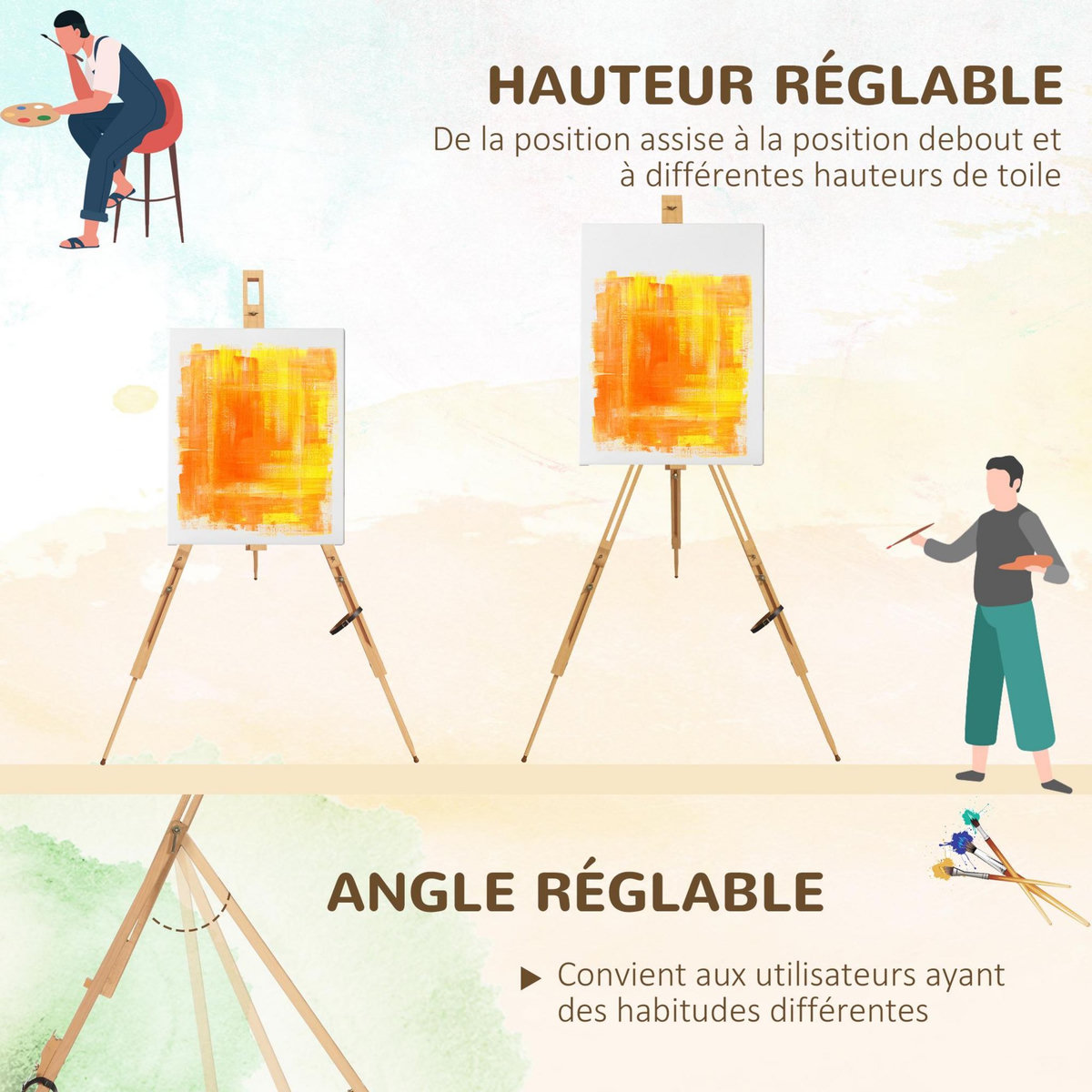 VINSETTO Chevalet d'artiste pliable sur pied hauteur réglable dim. 93L x 84l x 183H cm bois de hêtre clair