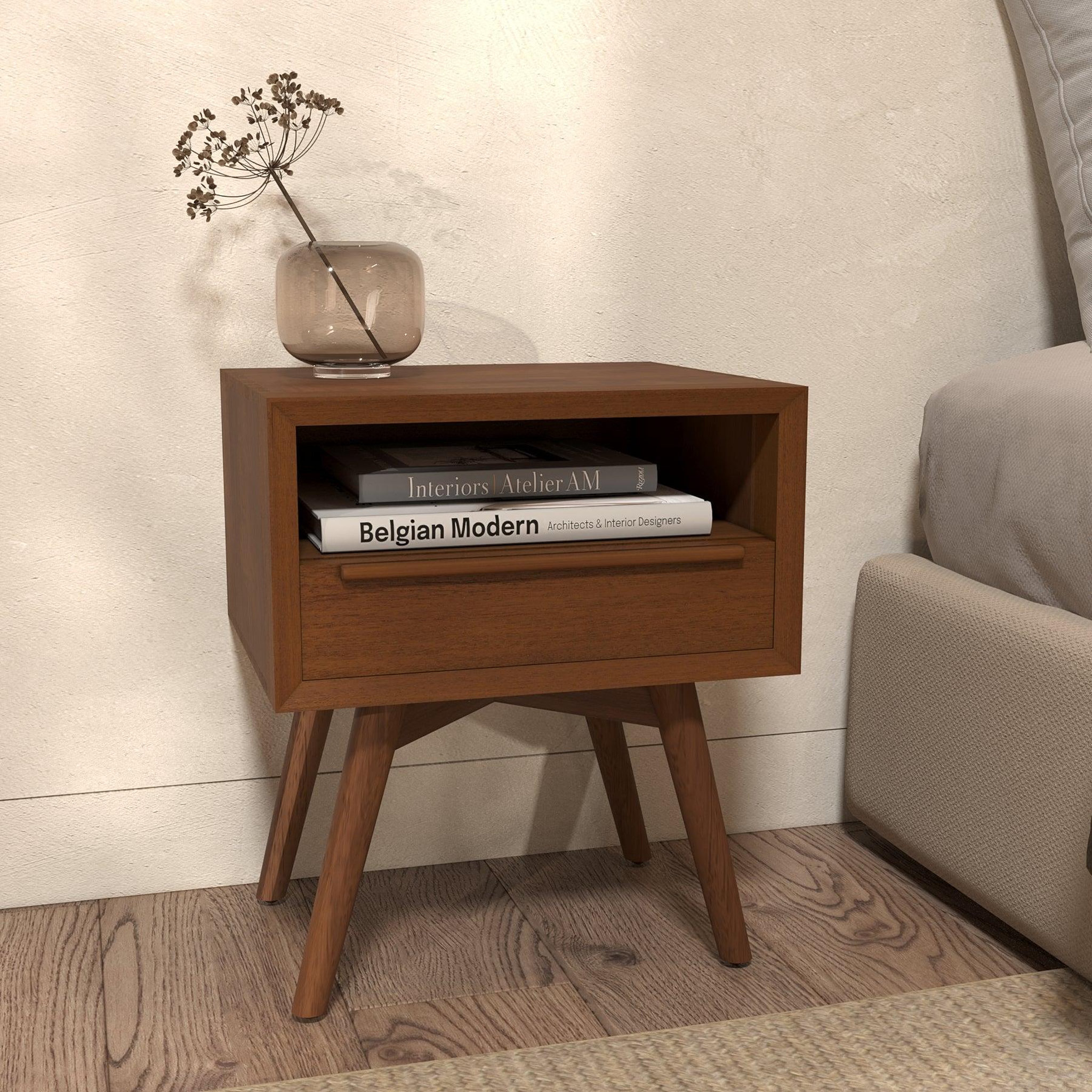 Voir la diapositive 2 : MAISON PAVANE Table de chevet en bois de teck, 1 niche et 1 tiroir-waya