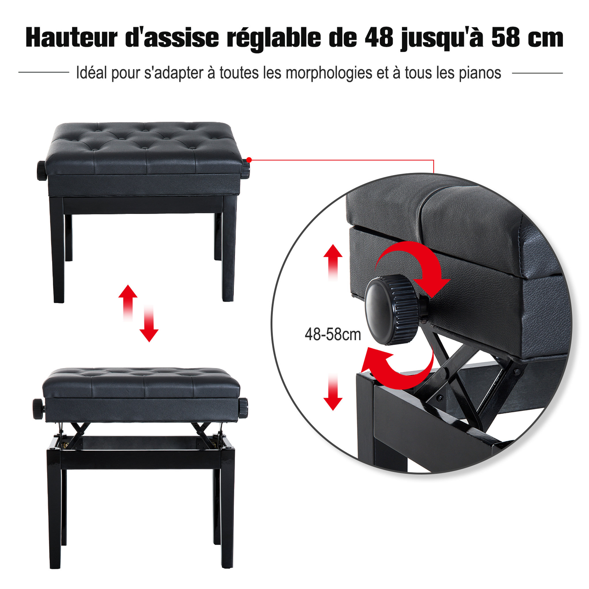 Voir la diapositive 5 : HOMCOM HOMCOM Banquette tabouret siège pour piano hauteur réglable 55L x 33l x 48-58H cm coffre de rangement interne assise revêtement synthétique capitonné bois noir