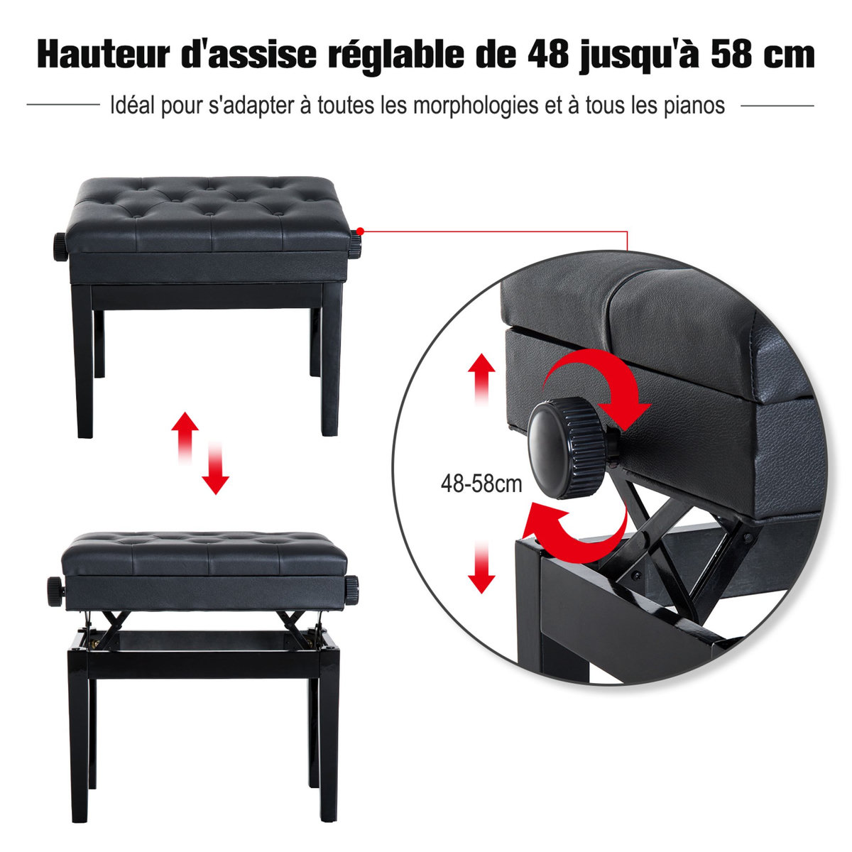 HOMCOM HOMCOM Banquette tabouret siège pour piano hauteur réglable 55L x 33l x 48-58H cm coffre de rangement interne assise revêtement synthétique capitonné bois noir