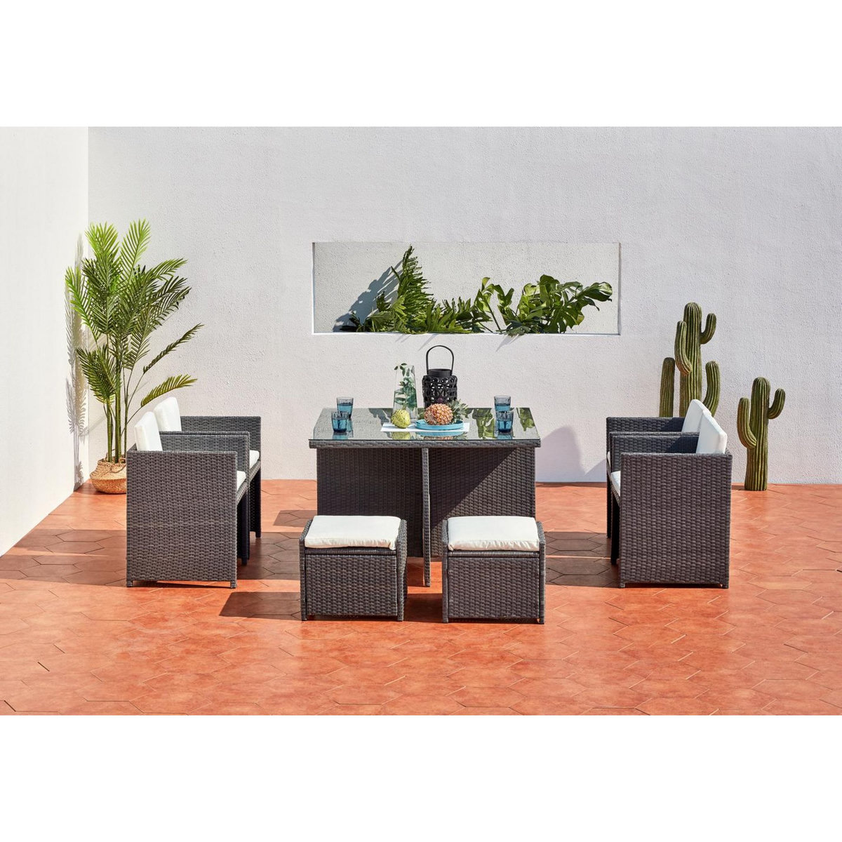 CONCEPT USINE Table et chaises 8 places encastrables en résine gris-blanc MIAMI