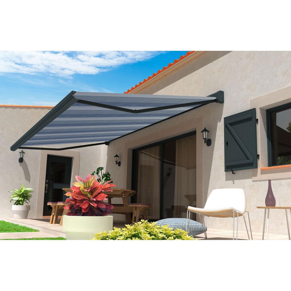 SUNSTYL Store motorisé avec Led NINA rayé Coffre intégral gris 