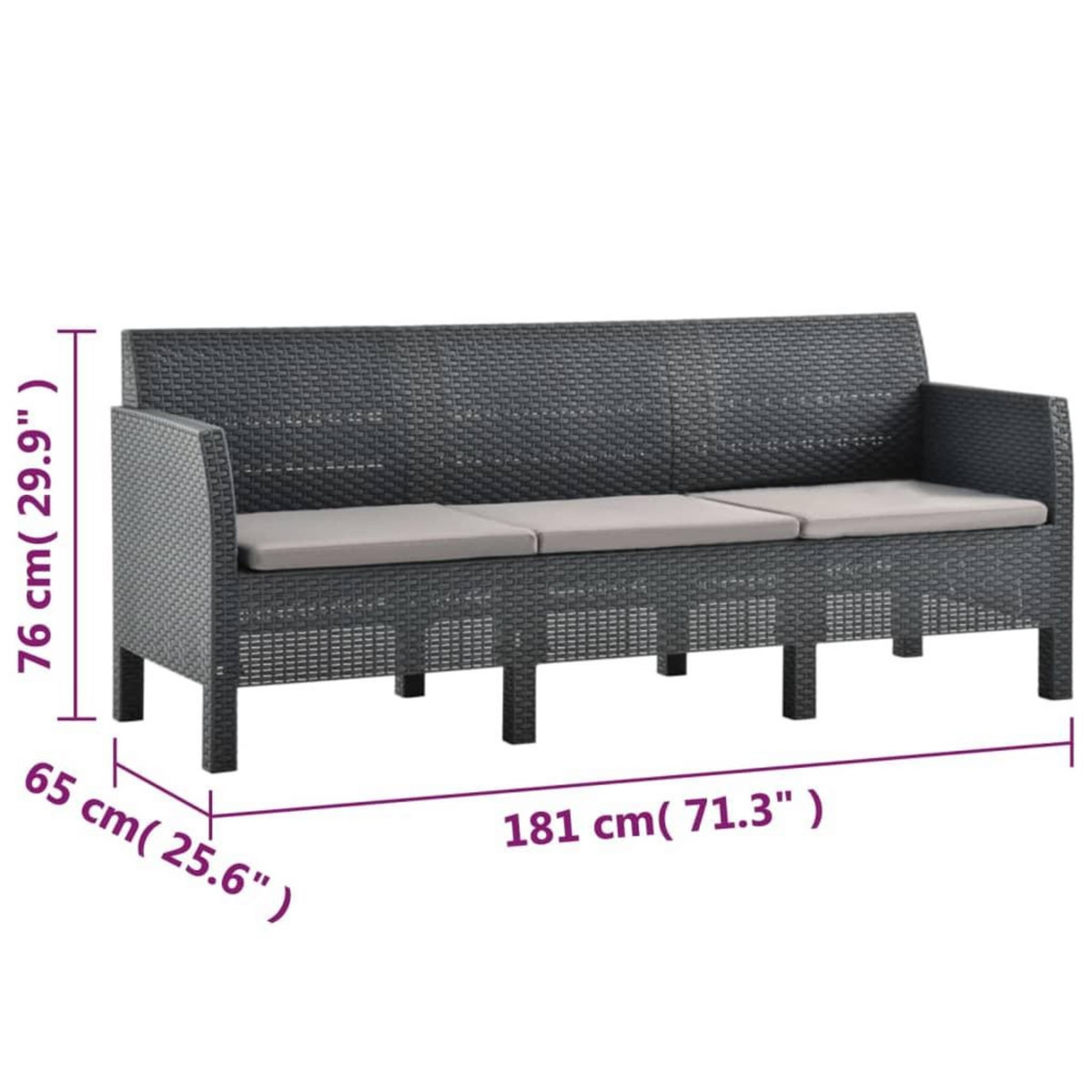 VIDAXL Salon de jardin 3 pcs avec coussins PP Rotin Anthracite