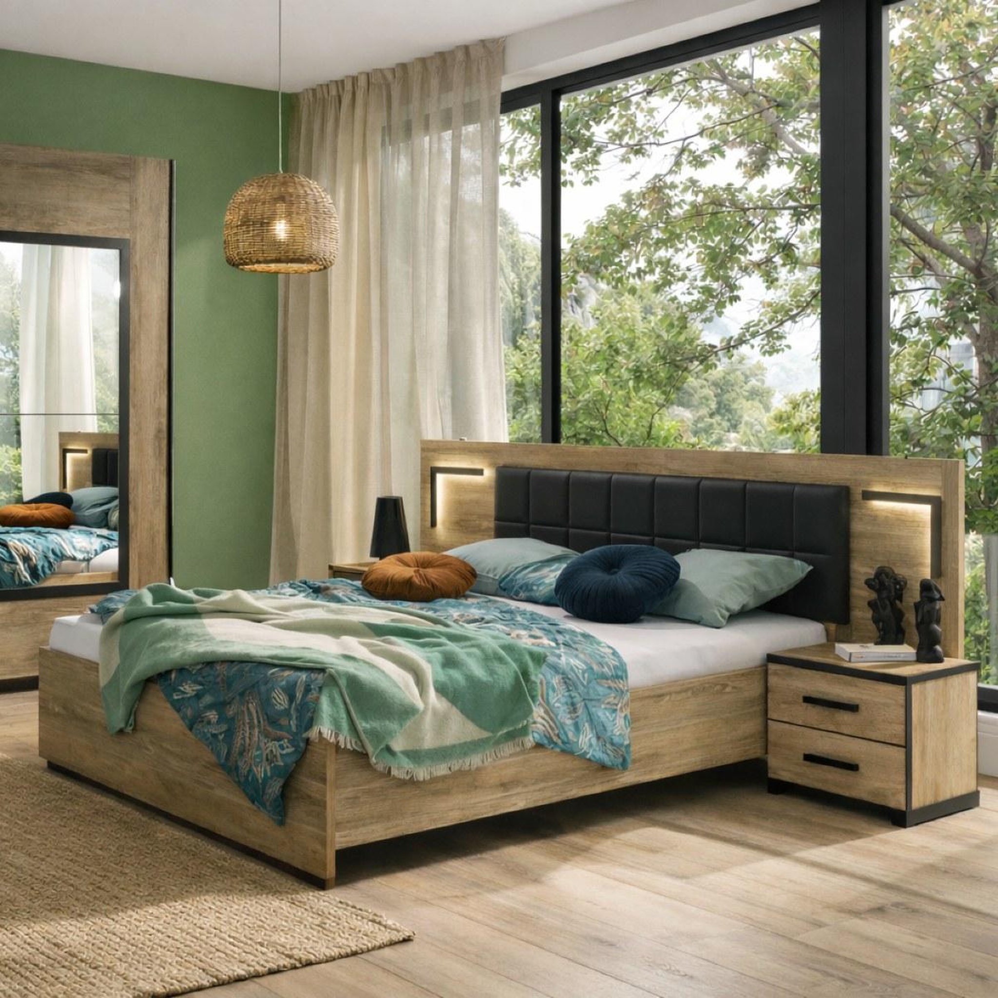Voir la diapositive 2 : JLC KREATION Lit en bois 160x200cm style industriel + chevets pierre