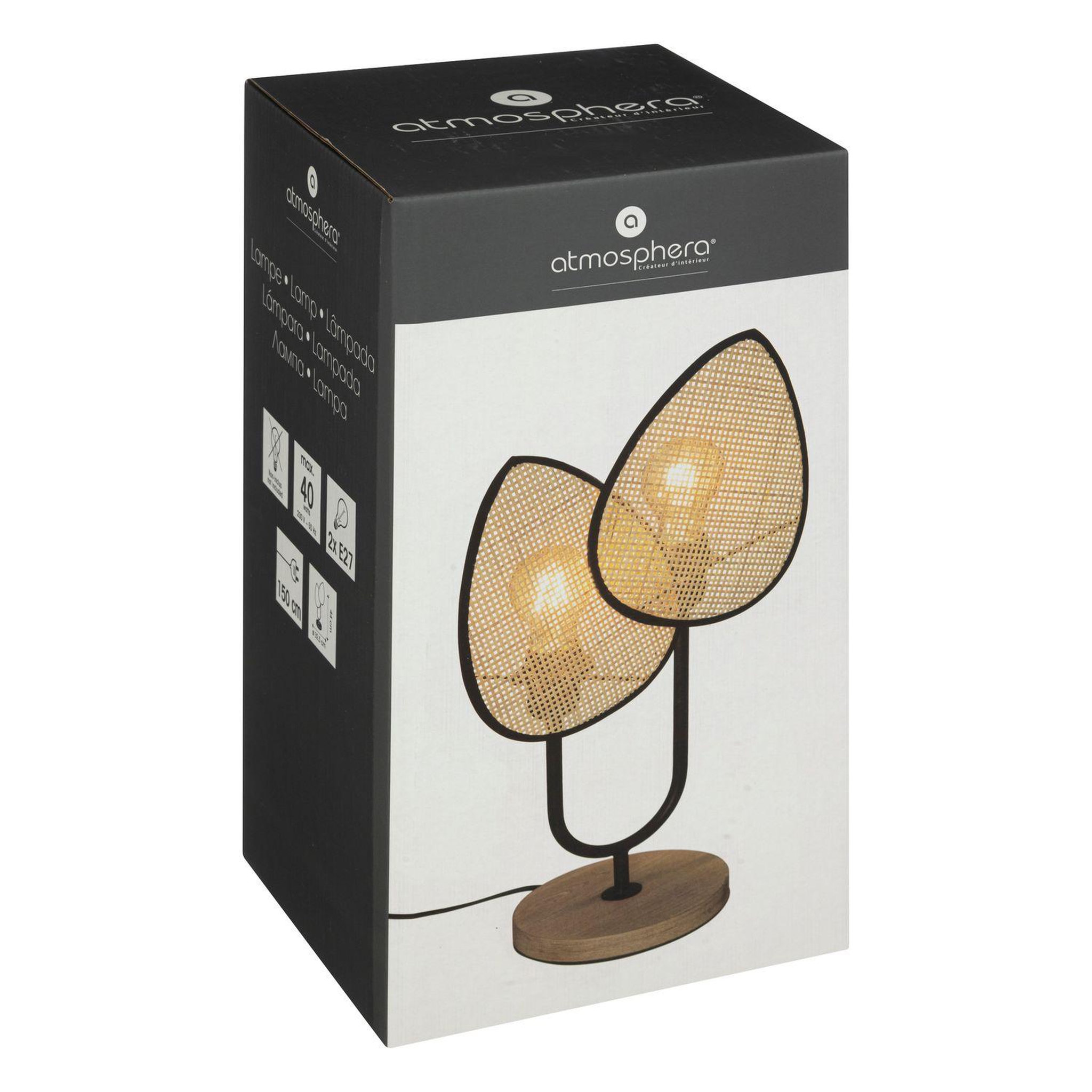 Voir la diapositive 3 : ATMOSPHERA Lampe à poser feuille en cannage et métal - beige et noir