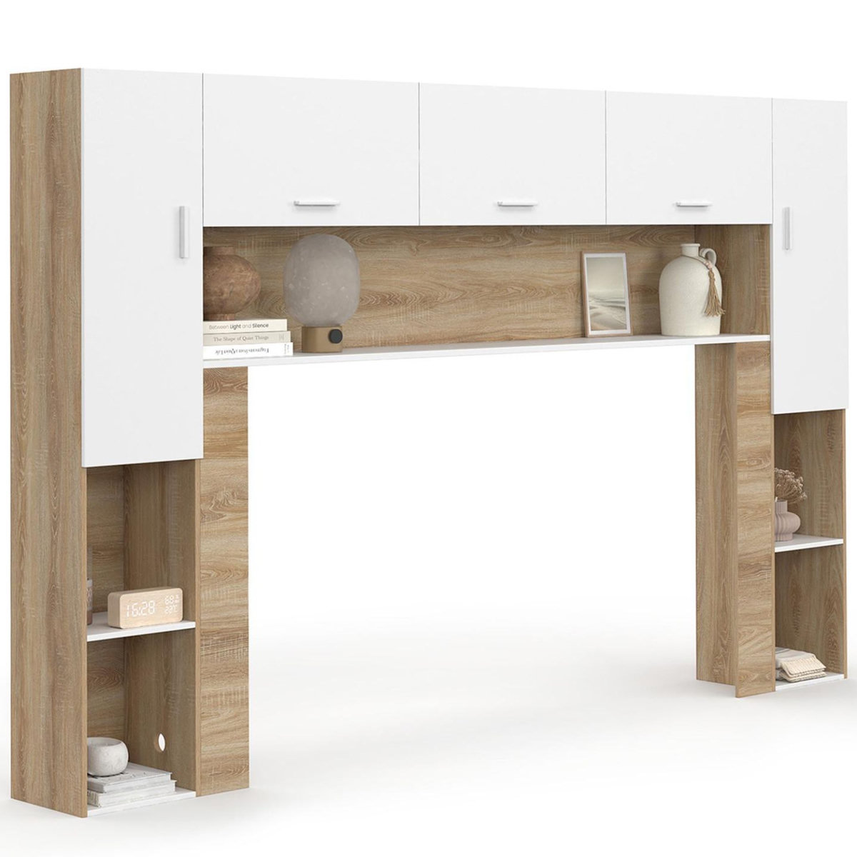 ID MARKET Pont de lit BRIDGET 226 cm avec rangements bois et blanc