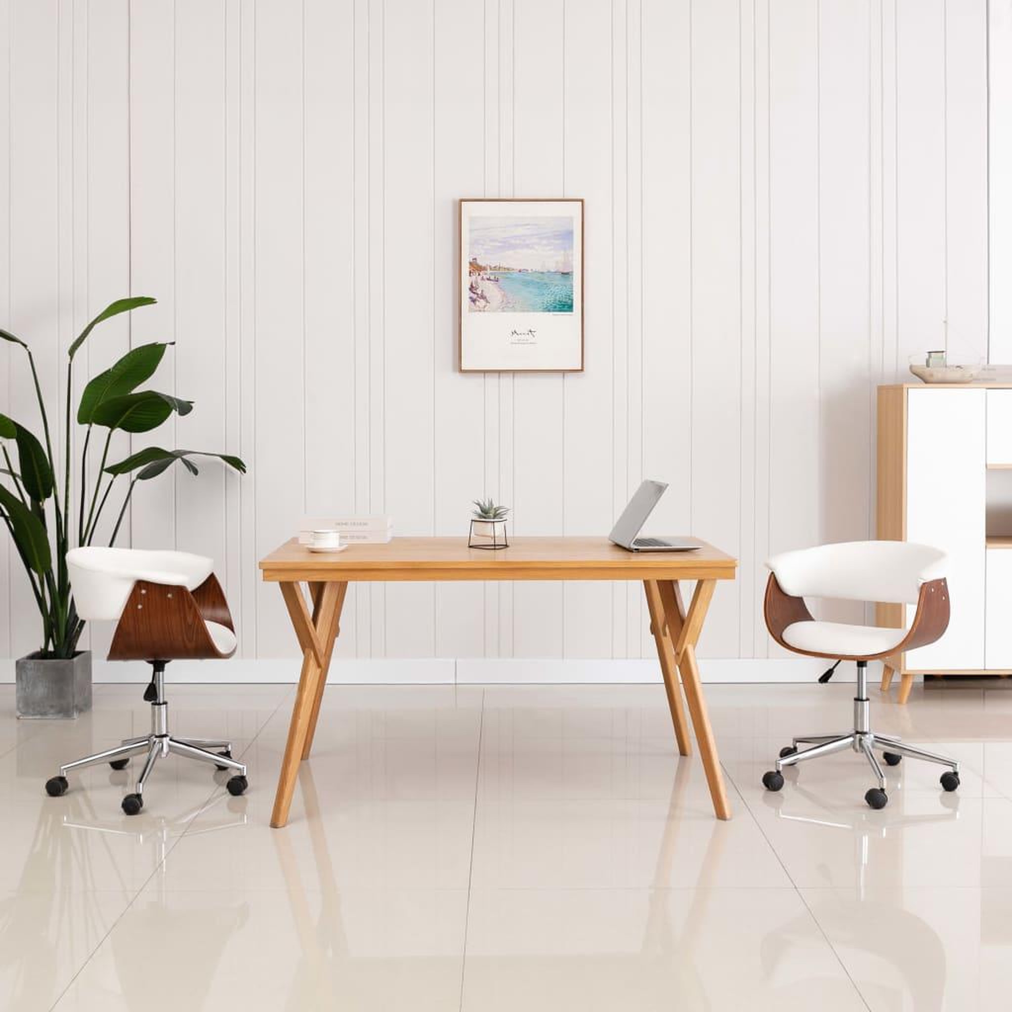 Voir la diapositive 1 : VIDAXL Chaise pivotante de bureau Blanc Bois courbe et similicuir