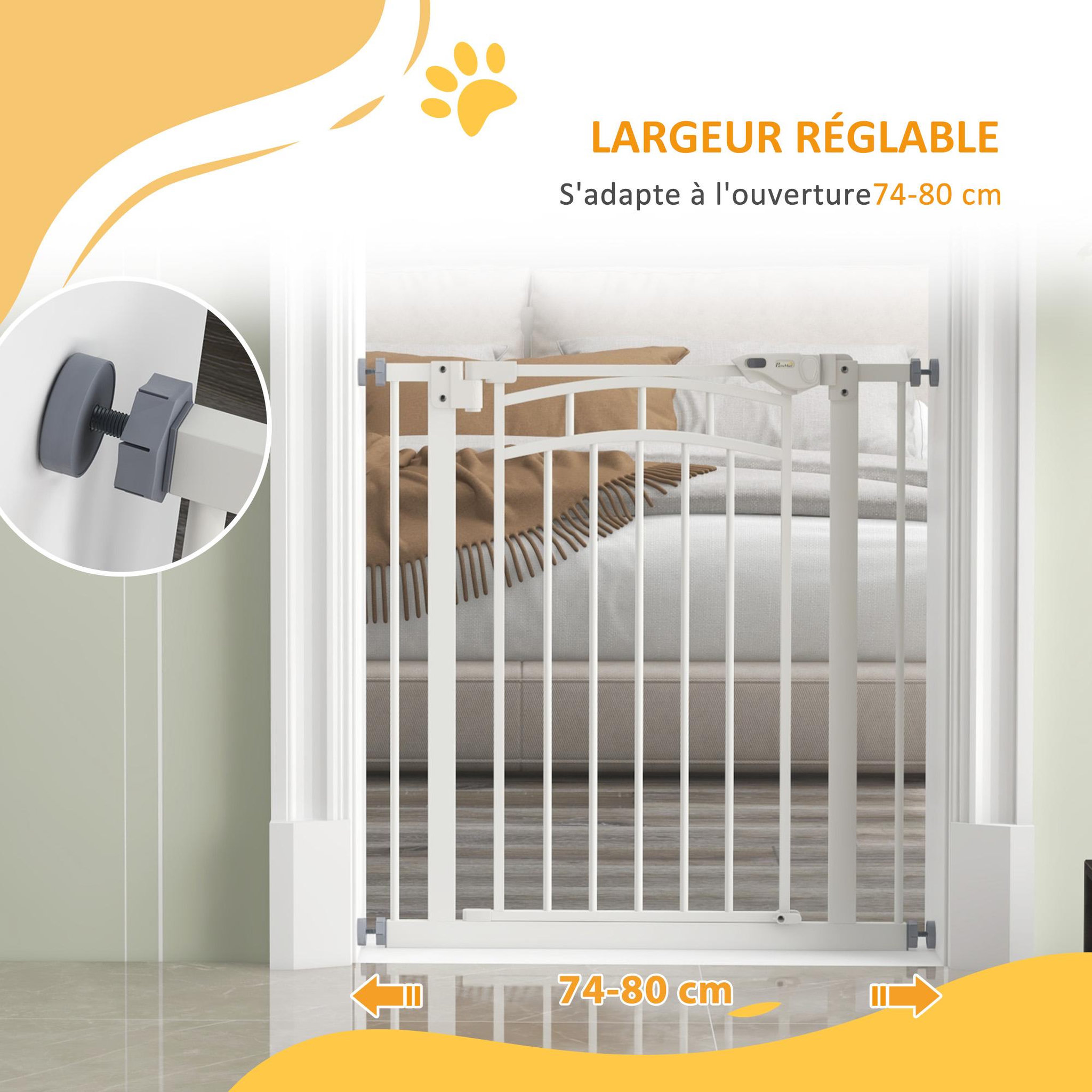 Voir la diapositive 6 : PAWHUT Barrière de sécurité pour chien - barrière à pression extensible - double système de verrouillage - acier blanc