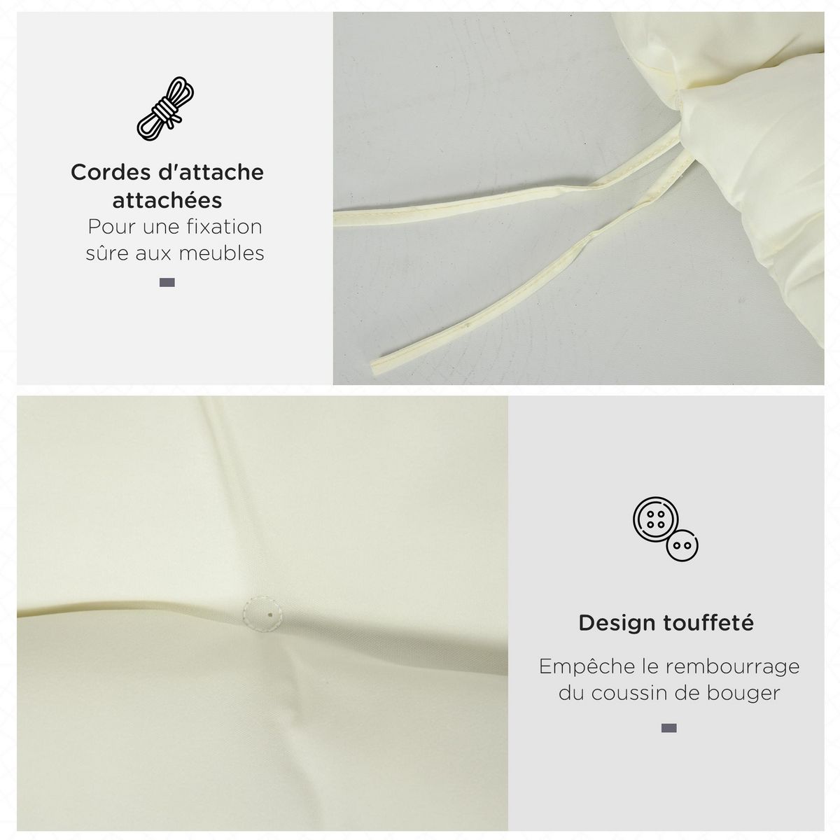 OUTSUNNY Coussin bain de soleil - coussin matelassé chaise longue - dim. 200L x 60l cm - ép. 13 cm - attaches - polyester crème