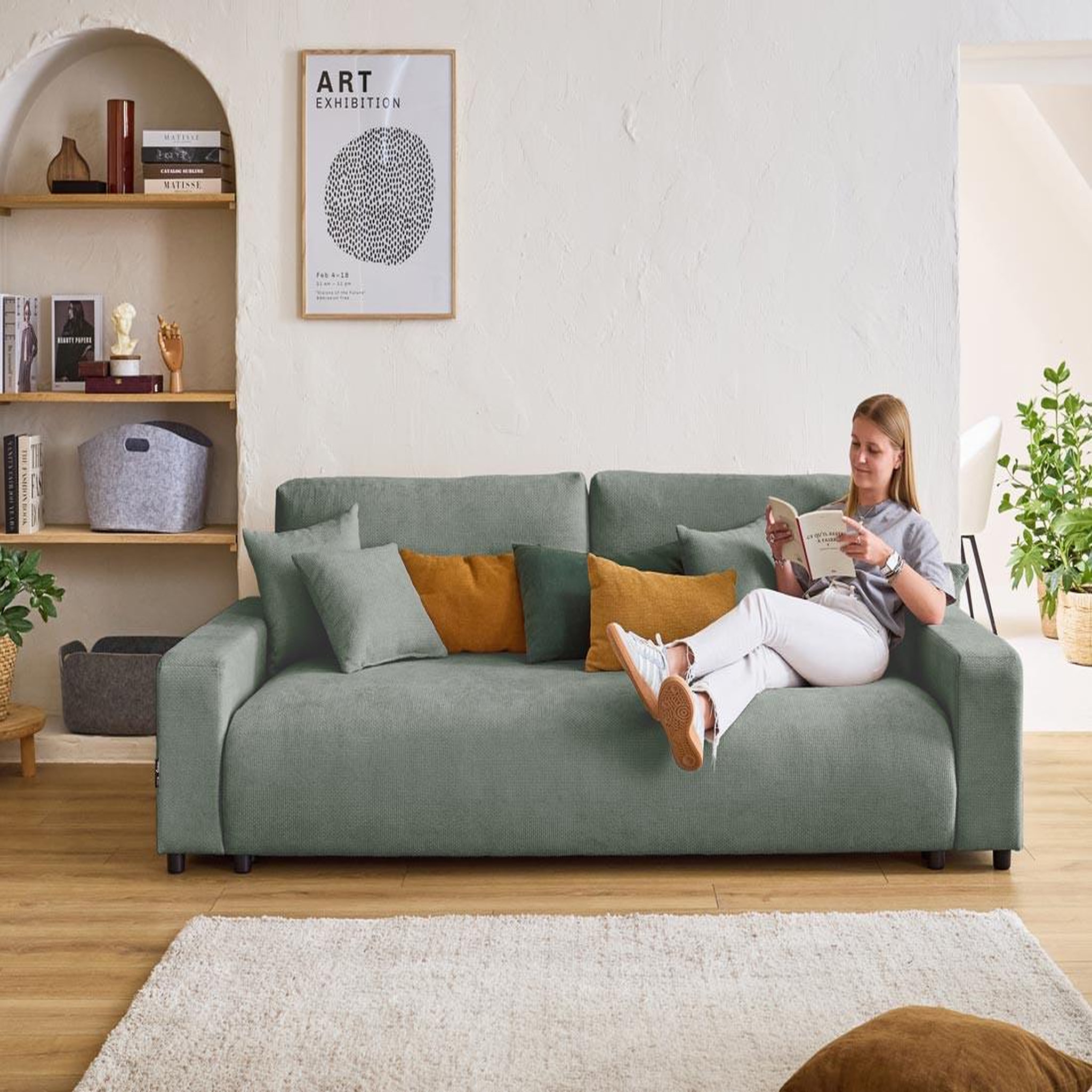 Voir la diapositive 4 : BEST MOBILIER Pivoine - canapé droit 3 places - convertible avec coffre - en velours texturé