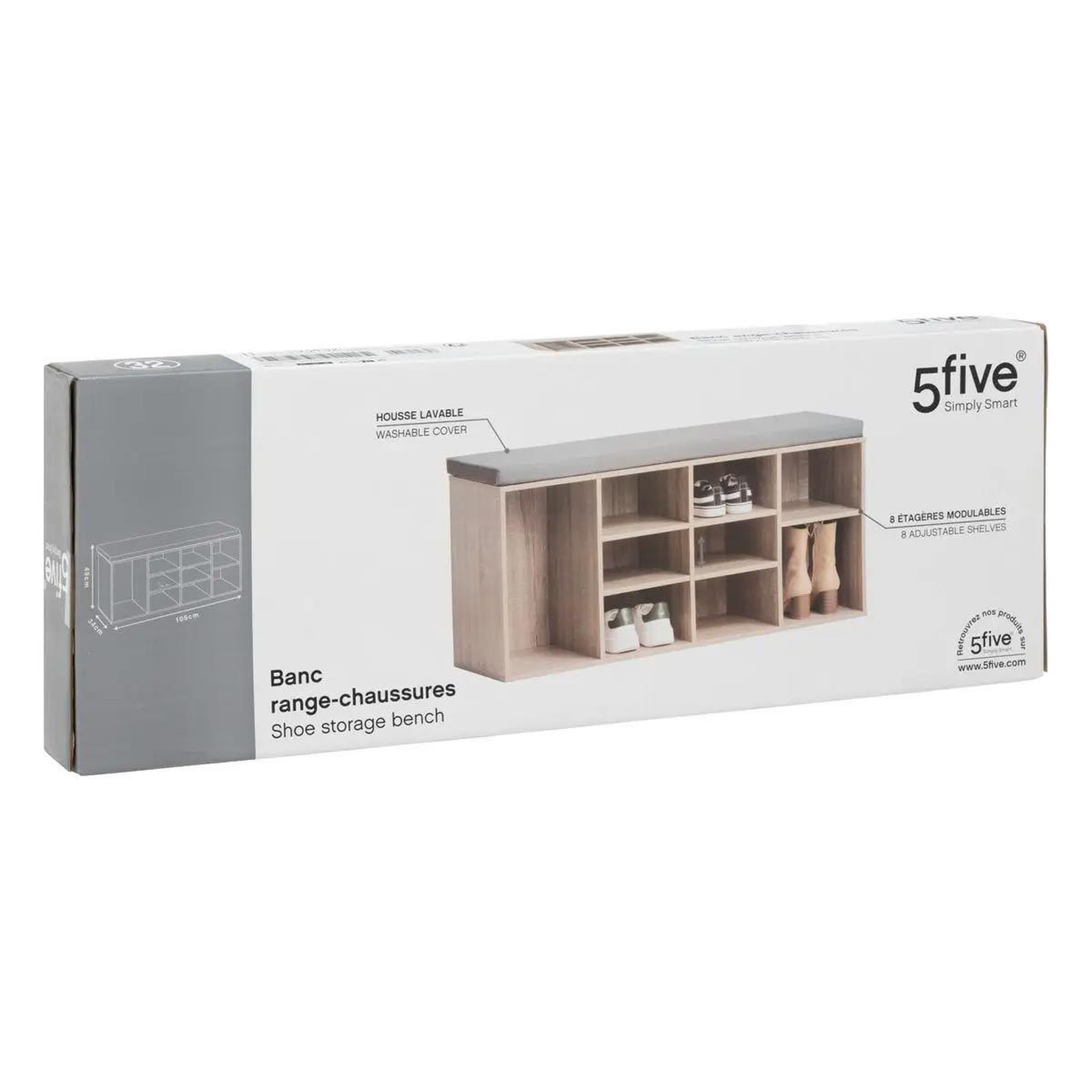 Voir la diapositive 2 : FIVE Banc range-chaussures  8 paires  105cm naturel