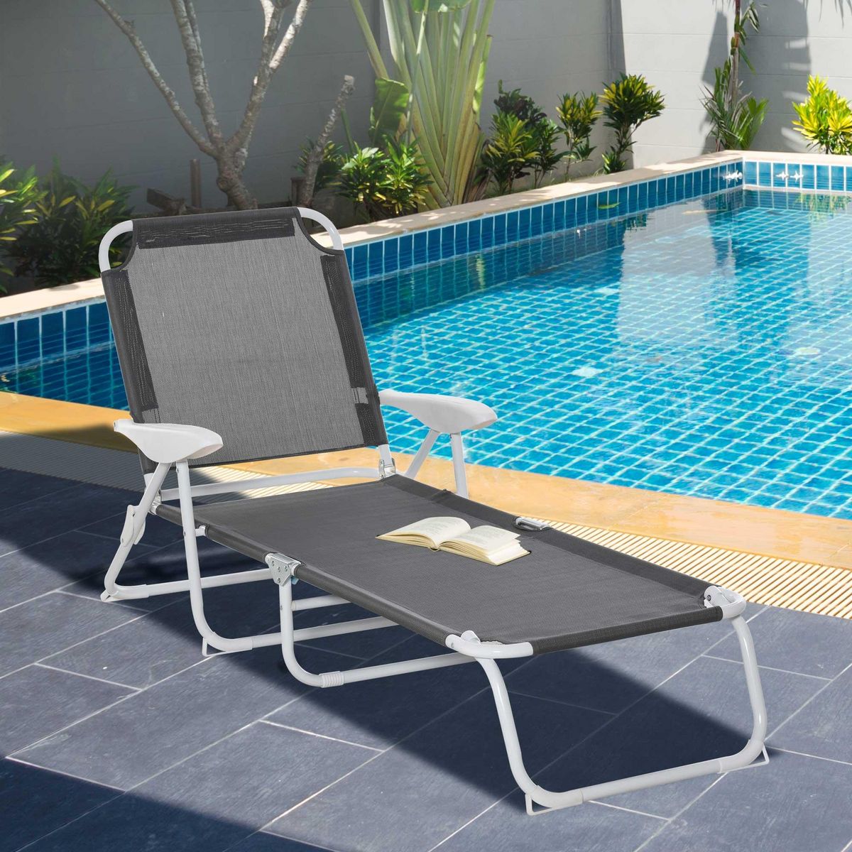 OUTSUNNY Bain de soleil pliable - transat inclinable 4 positions - chaise longue grand confort avec accoudoirs - métal époxy textilène - dim. 160L x 66l x 80H cm - gris foncé